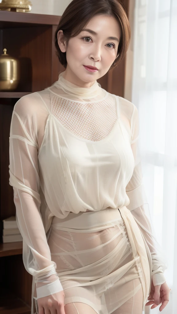 ((masterpiece,highest quality)), (Like the picture:1.4),((Tabletop,8k)),High resolution,Vivid details, Realistic skin texture,Japanese, One beautiful woman, Bob Hair, Faint, thin bangs, compensate, 34 years old, Detailed skin, long sleeve tunic blouse, Are standing, White Room,White wall, Full body photo、Staring at the audience,Panties,Leg spread,smile,From above at an angle