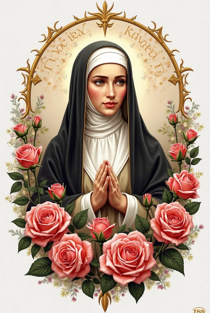 Create a manga about Santa Rosa de Lima, with roses in her head, your habit, a heavenly landscape reflecting her values as a saint, reflects a message