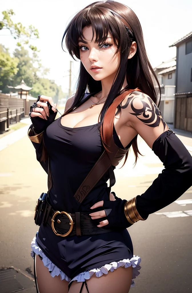 (Muscular:2.2), (thick thighs:2.4), (asian female, pale skin, black hair:1.5), adult, (long ponytail, blunt bangs:1.6), glasses, (earrings, eyeshadow, lipstick), (upper body view, three quarter view:1.7), (striations), (flat chest:1.4), (hard nipples:1.3), (long scarf, skintight black bodysuit, black pantyhose, scabbard, utility belt, fingerless gloves:2), (sculped muscles:1.6), detailed eyes, (athletic body:1.5), (muscular body:2), (looking at viewer:1.3), (big smile), rim lighting from the front, two tone lighting, (dimly lit), clean skin, low key (DETAILED SKIN), (dense forest, in the woods)