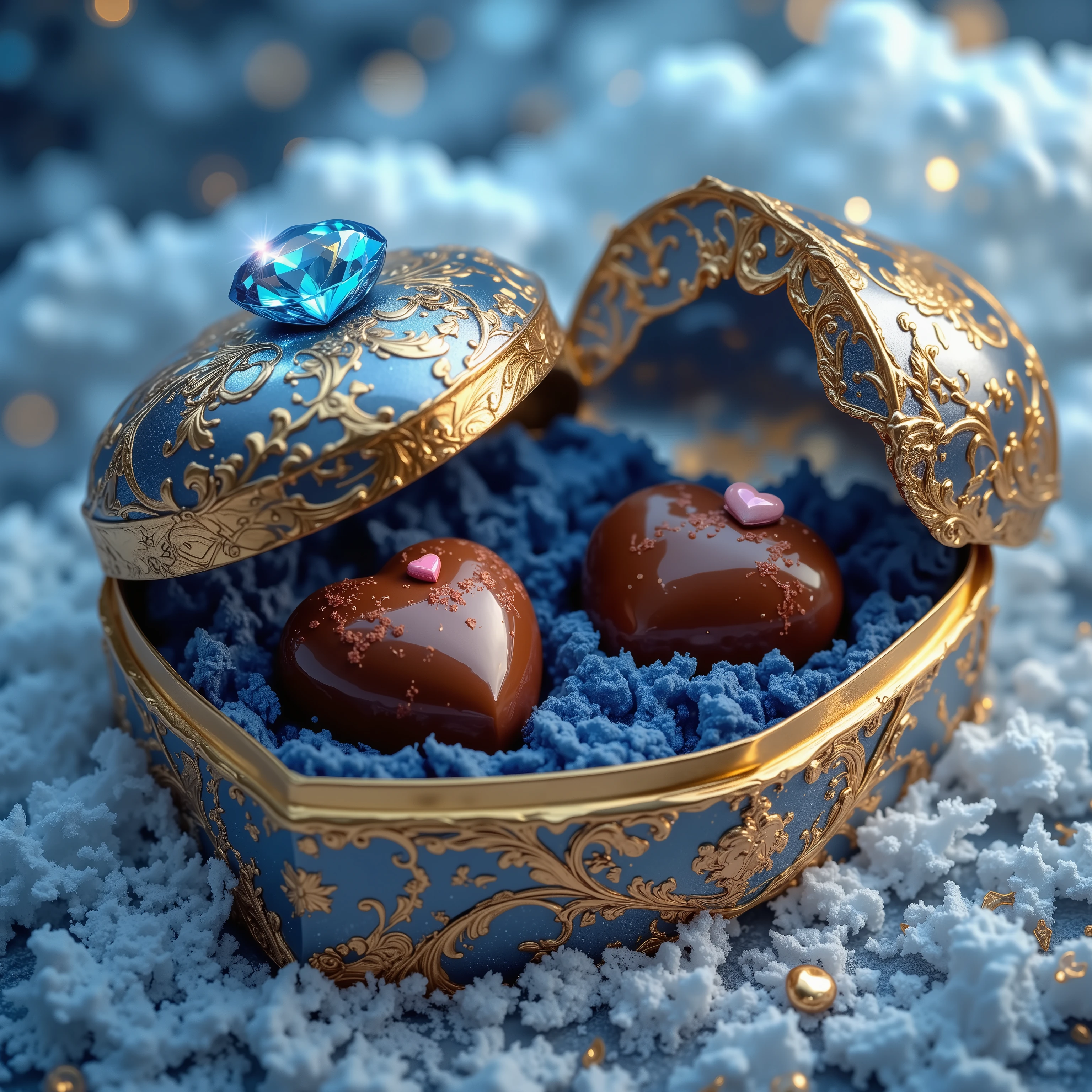 A luxurious, heart-shaped chocolate box with an intricate metallic design and gold engravings sits elegantly open, revealing glossy, heart-shaped chocolates nestled inside. A radiant blue gemstone is embedded in the lid, reflecting soft ambient light. The chocolates have a rich, smooth surface with delicate highlights that enhance their decadent appearance. A tiny pink heart accent adds a charming detail. The interior is lined with plush blue velvet, providing a striking contrast to the golden tones. The background features a softly glowing, icy blue pattern, enhancing the dreamy and elegant atmosphere. This photorealistic rendering is crafted with Glazing and Airbrushing techniques, incorporating Bloom Effect and Soft Glow for a polished, ultra-realistic masterpiece.