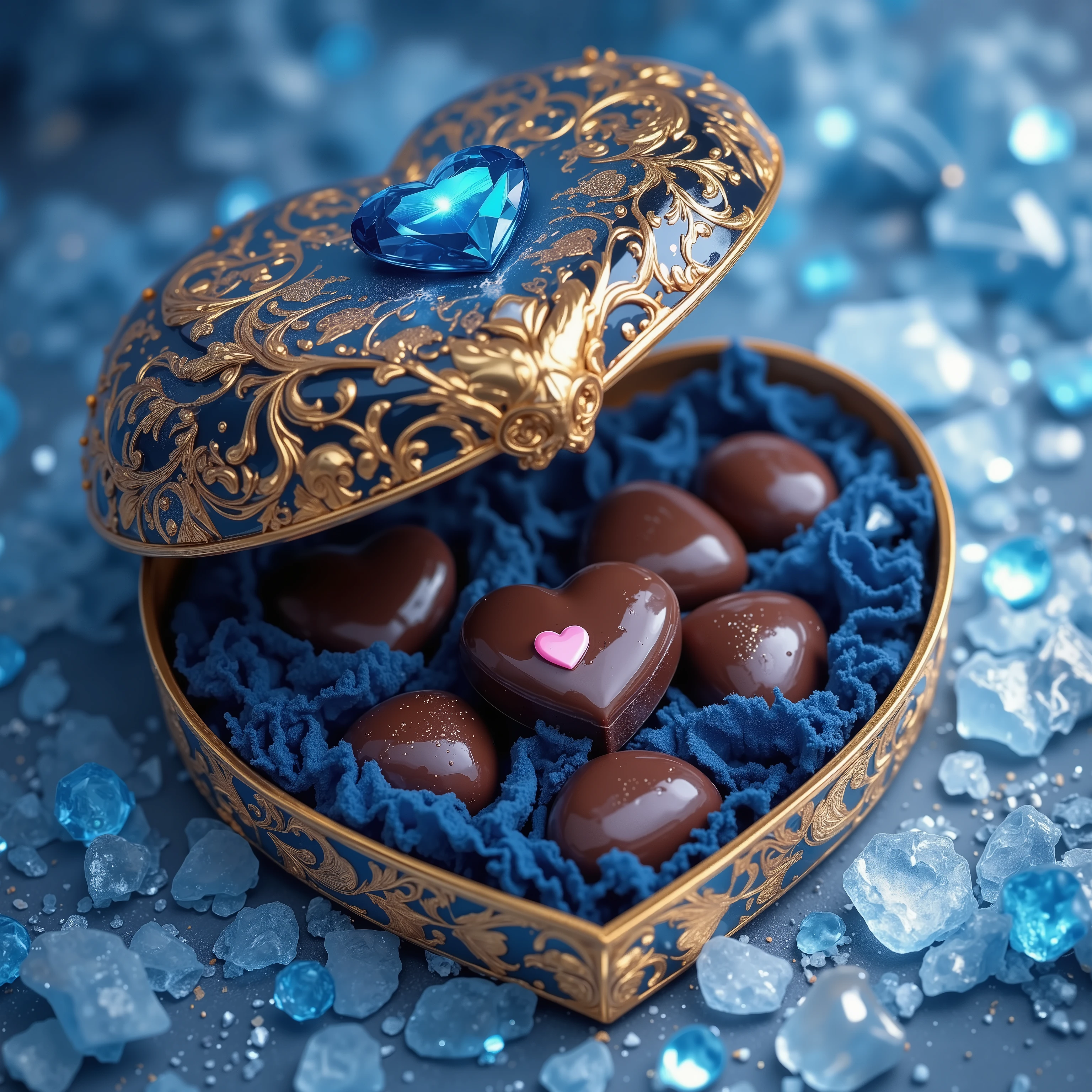 A luxurious, heart-shaped chocolate box with an intricate metallic design and gold engravings sits elegantly open, revealing glossy, heart-shaped chocolates nestled inside. A radiant blue gemstone is embedded in the lid, reflecting soft ambient light. The chocolates have a rich, smooth surface with delicate highlights that enhance their decadent appearance. A tiny pink heart accent adds a charming detail. The interior is lined with plush blue velvet, providing a striking contrast to the golden tones. The background features a softly glowing, icy blue pattern, enhancing the dreamy and elegant atmosphere. This photorealistic rendering is crafted with Glazing and Airbrushing techniques, incorporating Bloom Effect and Soft Glow for a polished, ultra-realistic masterpiece.