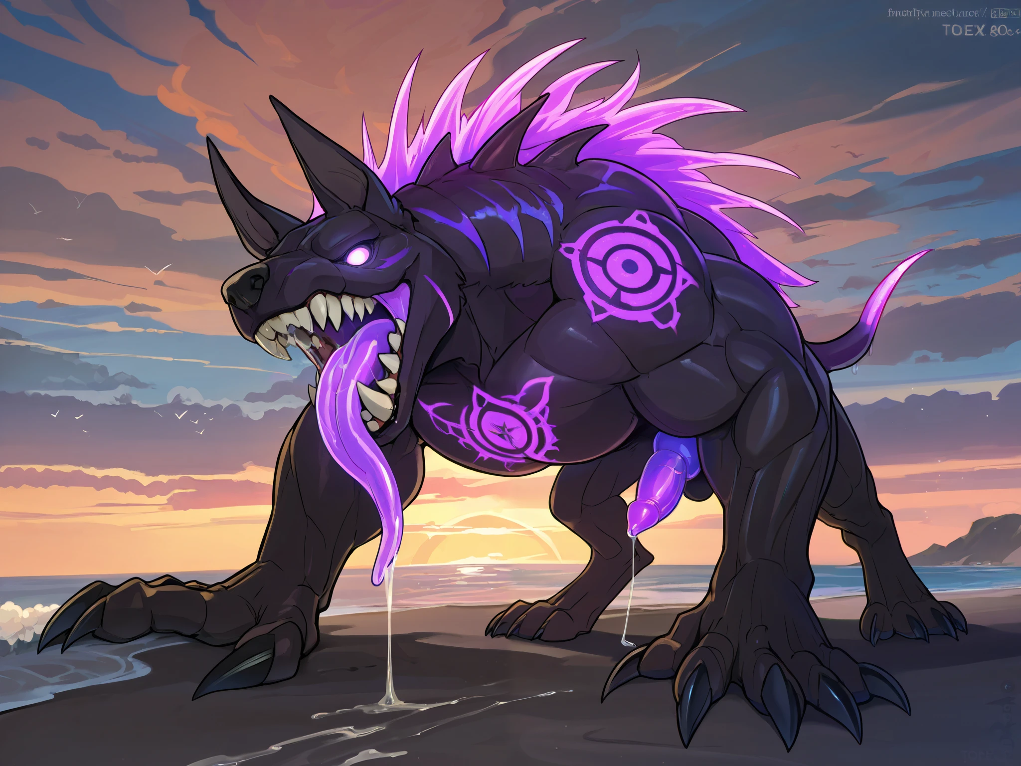 score_9, score_8_up, score_7_up, score_6_up, masterpiece, best quality, amazing quality, very aesthetic, absurdres, newest, scenery, (heartless, muscular, feral, big muscles, glowing purple public tattoo), 1male, Solo, Open Mouth, long Tongue, detailed eyes, beach, (sharp teeth), (by todex:), dog sheath, dog cock, dripping precum, cock dripping cum,