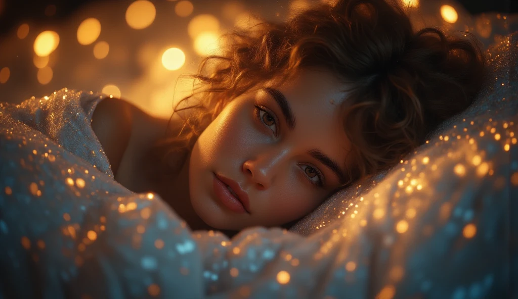   A young girl snuggled in bed, dreams emerging from her mind illustrated as mystical visions above her head, surrounded by a simple bedroom with blankets tucked under her chin, her features relaxed in slumber, focusing on delicate textures and realistic anatomy, moonlight streaming through a window illuminates the scene, captured by a Fujifilm GFX 50S II with a 50mm lens in a dreamlike stylizedTechnicolor palette, --ar 4:3 --chaos 30 --style raw --stylize 250 --weird 800 --quality 25 --v 6