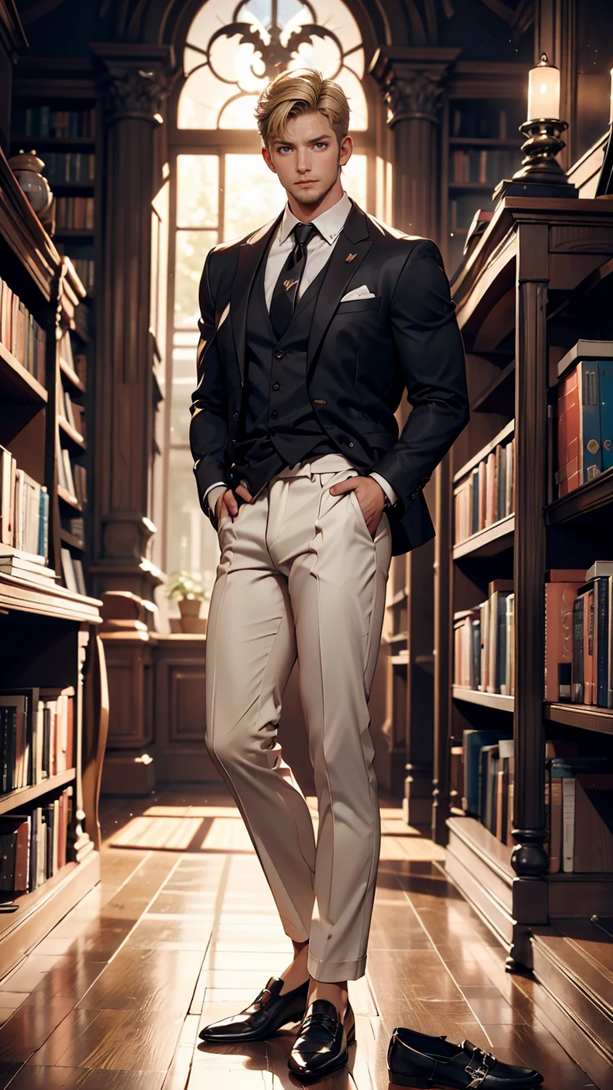 Homem lindo, Strong physique, blusa social de cor preta, Long white pants, sapatos sociais de cor preta, calvo, cabelo castanho dividido no meio, Cabelos lisos, olhos castanhos, slender appearance, elegante, Library Scenario, gravata marrom, olhar indiferente, reino antigo, Homem na casa dos 40 anos.