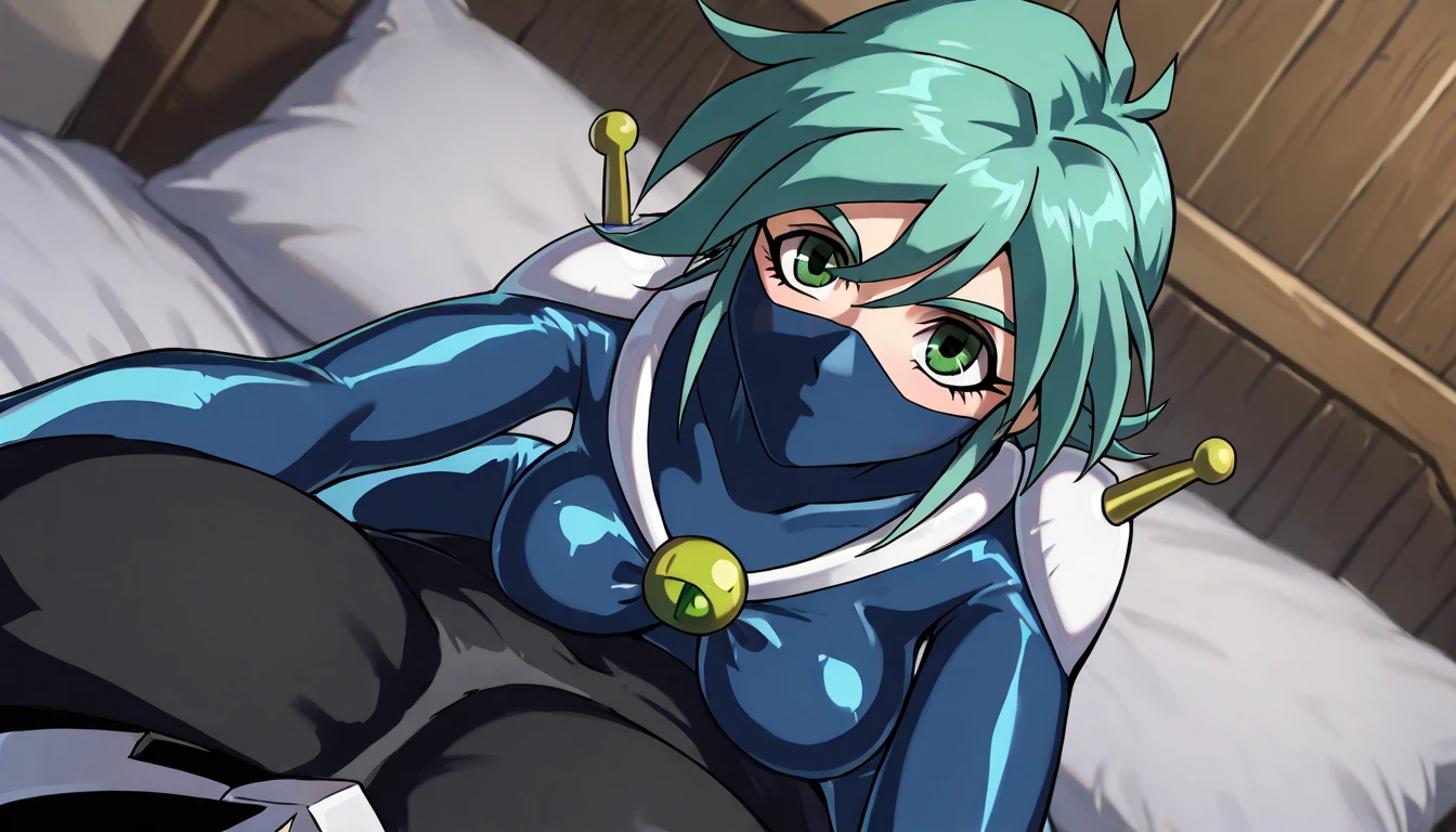 extremely detailed CG,unity 8k wallpaper,beautiful detailed eyes,perfect anatomy,novel illustration,high resolution,ultra-detailed,masterpiece,super detailed skin,masterpiece, best quality, ,1boy, 1girl, looking at viewer, rimuru_tempest, blue hair, yellow eyes, long hair, hoodie,  4k resolution,zofa bodysuit,zofa belt, chest jewel, forehead mark, black gloves, black boots, {{bald faceless male}},hetero,reverse upright straddle,intercourse with a man,vaginal penis,excessive cum,bedroom