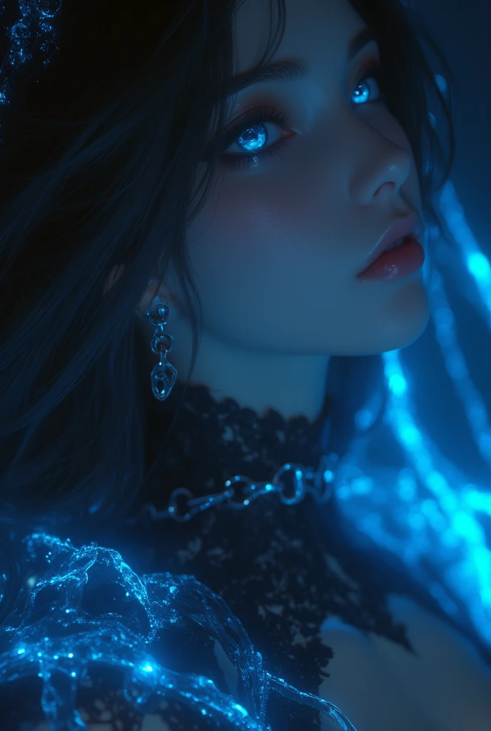 a girl with beautiful detailed eyes, beautiful detailed lips, extremely detailed eyes and face, long eyelashes, dark makeup, goth girl, blue dress, in a dark mysterious environment, dramatic lighting, gothic architecture, candles, ornate furniture, moody atmosphere, dramatic shadows, highly detailed, 8k, photorealistic, masterpiece