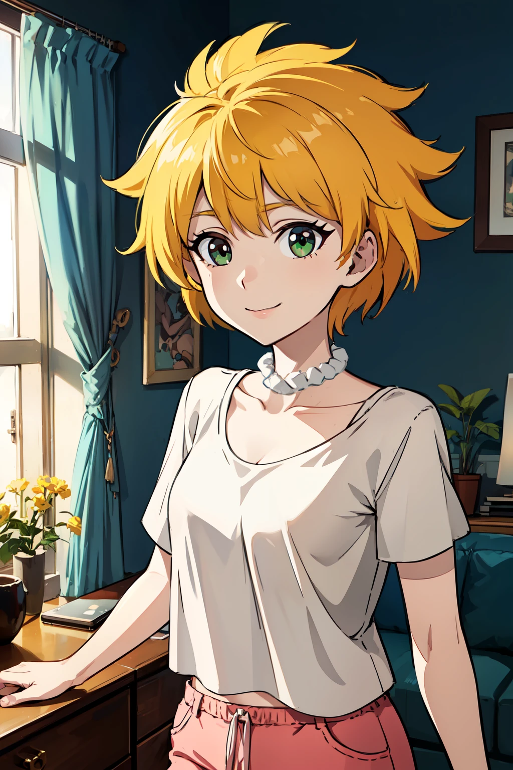 masterpiece:1.2, best quality, detailed,Super high quality,perfect anatomy,beautiful light and shadow, ,Beautiful white skin ,blonde hair, green eyes,slim, young woman in her early 20s ,1girl,,Various poses, solo, living room at night, very detailed eyes, smiling, anime style , 8k digital painting, wearing a t-shirt, sfw, short hair, (Lisa Simpson), pink hot shorts,