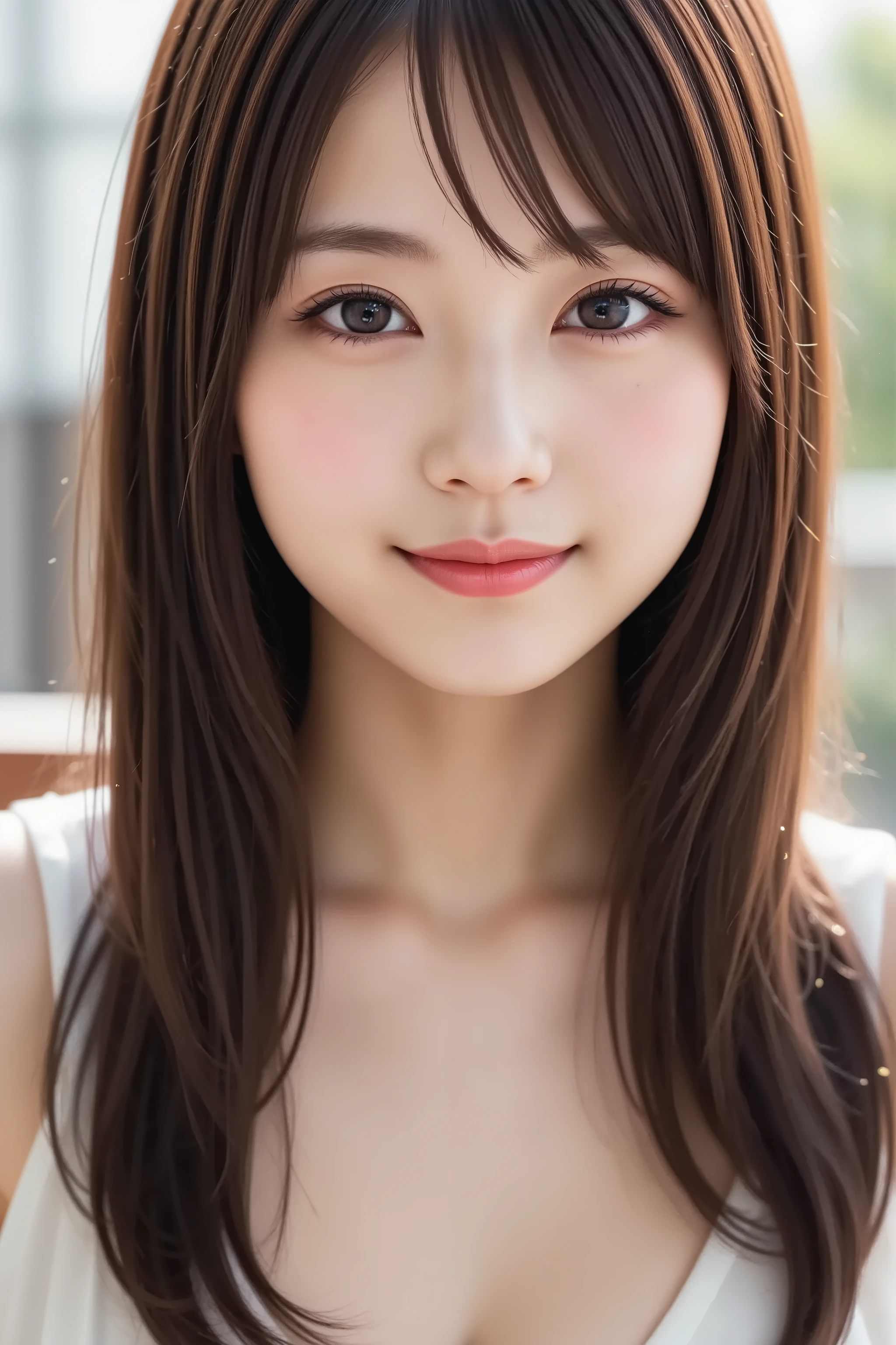 The face is positioned exactly in the center of the image , 's entire head is fully reflected , The entire face and head are clearly visible, bungs, smile, Young and cute Japanese faces , Hi-Res CG Unity 8K Wallpaper, in white for summer very detailed, Film Grain , White and Red Lens Flare Sparkle , top quality ,8k, viewer , masterpiece , top quality , in white for summer very detailed , cute , external background , in white for summer very detailedな , Detailed Features , beautiful , beautiful Japanese woman, Female 1
