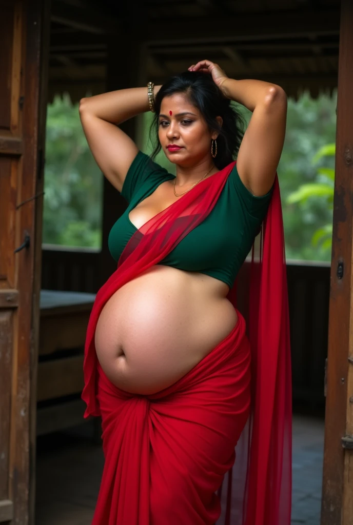 daytime view, close up shot of vedhika, from top view, wearing green saree, forest background, full body, sit , hand rests on chin, pregnant, big and curvy cheeks, hourglass figure, sexy navel, swooping breasts, ponytail, black hair, necklace, (cinematic:1.3) , intricate details, (ArtStation:1.2)