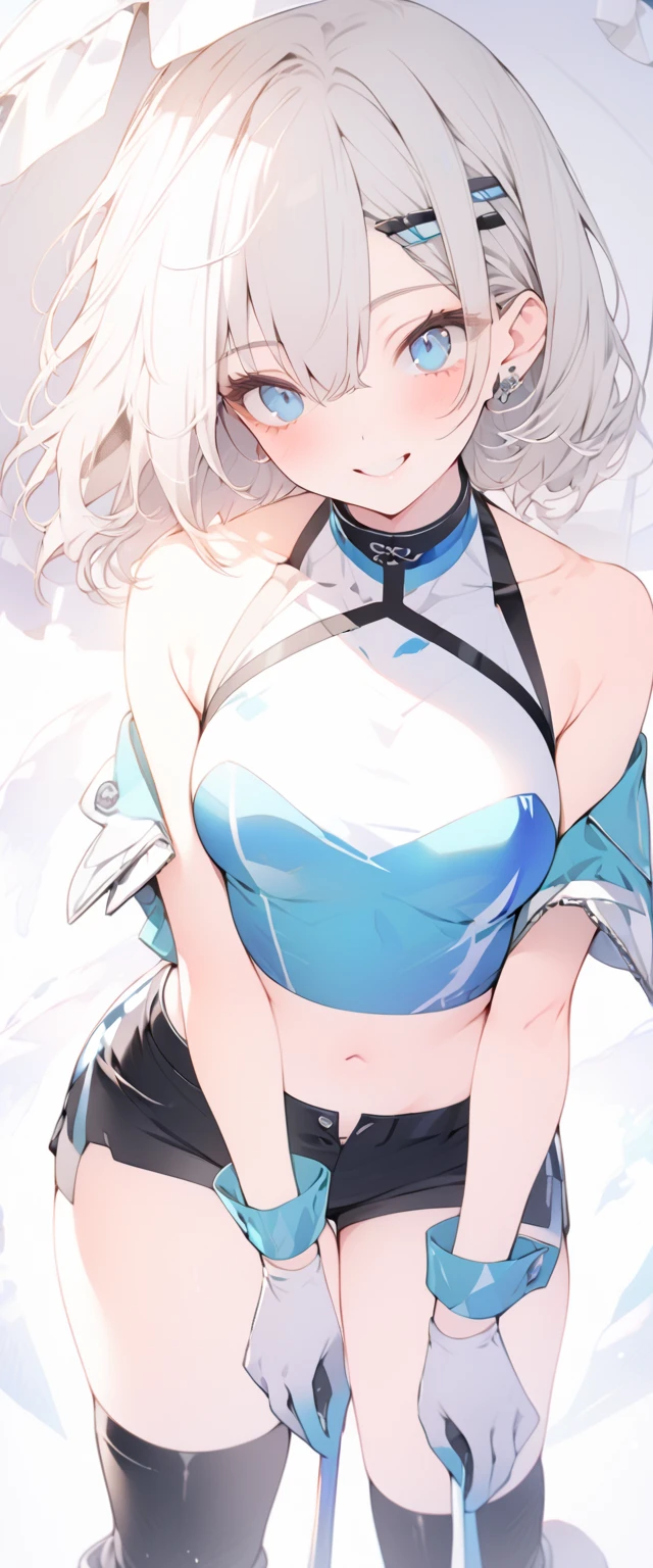 beautiful, masterpiece, Highest quality, anime, One girl, C Cup,Portrait Shot, View your viewers, Covered、Short Hair、nearby、Blue Eyes、art、、White hair,Blue streaked hair、hairpin、Cute smile、Thighs、Cute、blue sky、Beautiful breasts、Full Harness、valley、Sweat、Under Harness、Body Harness、Tightening、Penetration、Plainer_Sci-fi combat uniform、Plainer_Sci-fi underskirt、hole in the chest、navel
