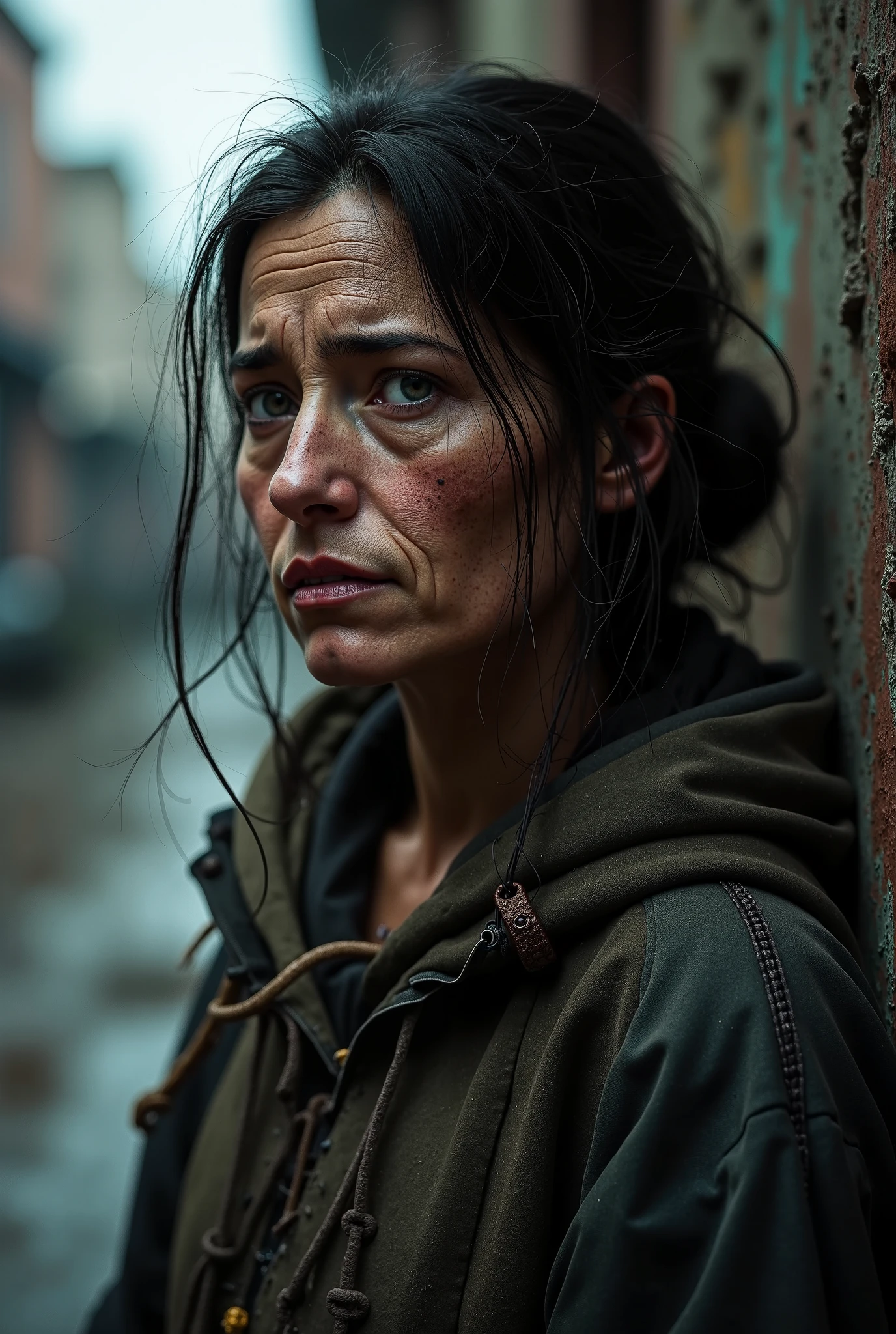 A close-up of a female factory worker showing signs of advanced illness with hollow cheeks and a weary expression caused by phosphorus exposure, late 19th century, wearing worn work clothes in a dimly lit and grimy factory, with industrial machinery and chemical containers blurred in the background, close-up shot, photo realism, cinematography. The camera lens should be 200 mm, aperture f/4.5, ISO 1600. Artistic medium: color photography.