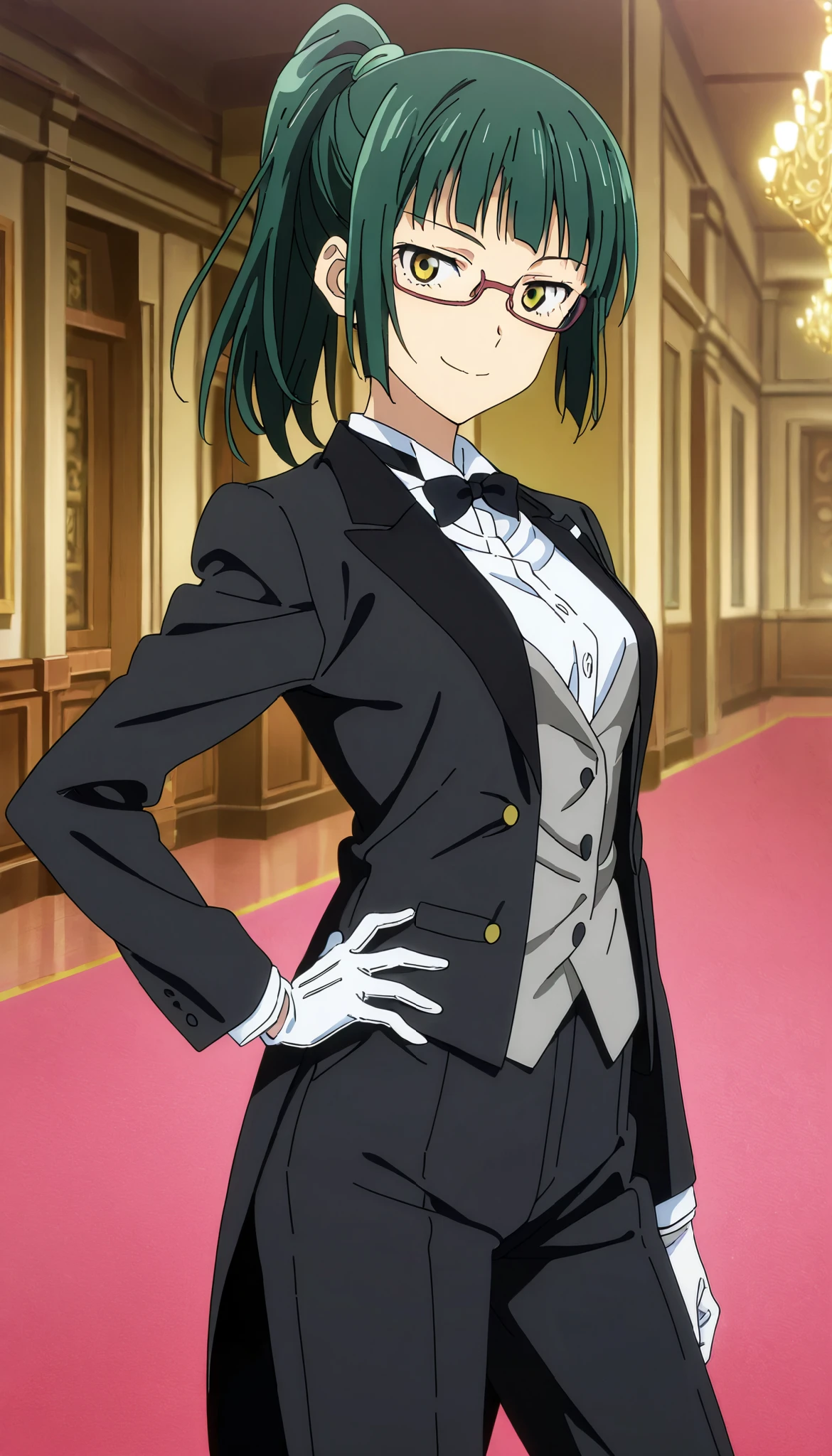 1girl,Maki Zenin,green_hair,glasses,ponytail,anime coloring, tuxedo tailcoat, butler, pants ,hand on hip, woman in a formal suit,she's looking at the camera with a calm smile,,, indoors,smile,, gloves ,masterpiece,best quality,amazing quality, ,,reaching at viewer,,,,