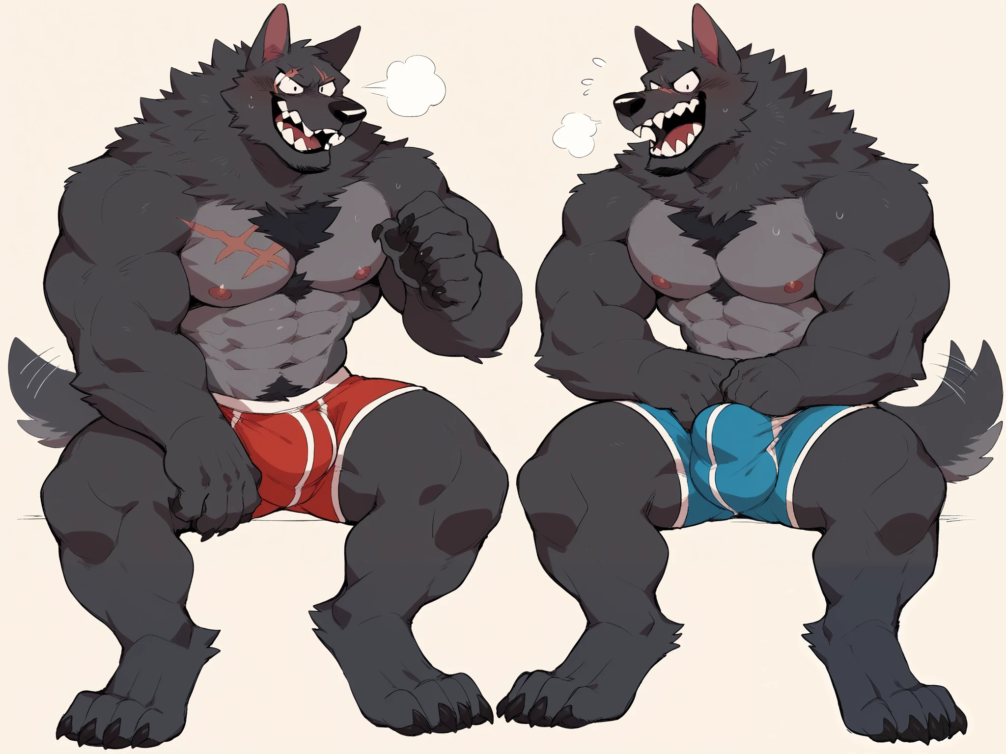 peludo,dos lobos, Male, pelaje gris con blanco, big eyebrows in black underwear staring at each other with marked crotch (colas de lobo)