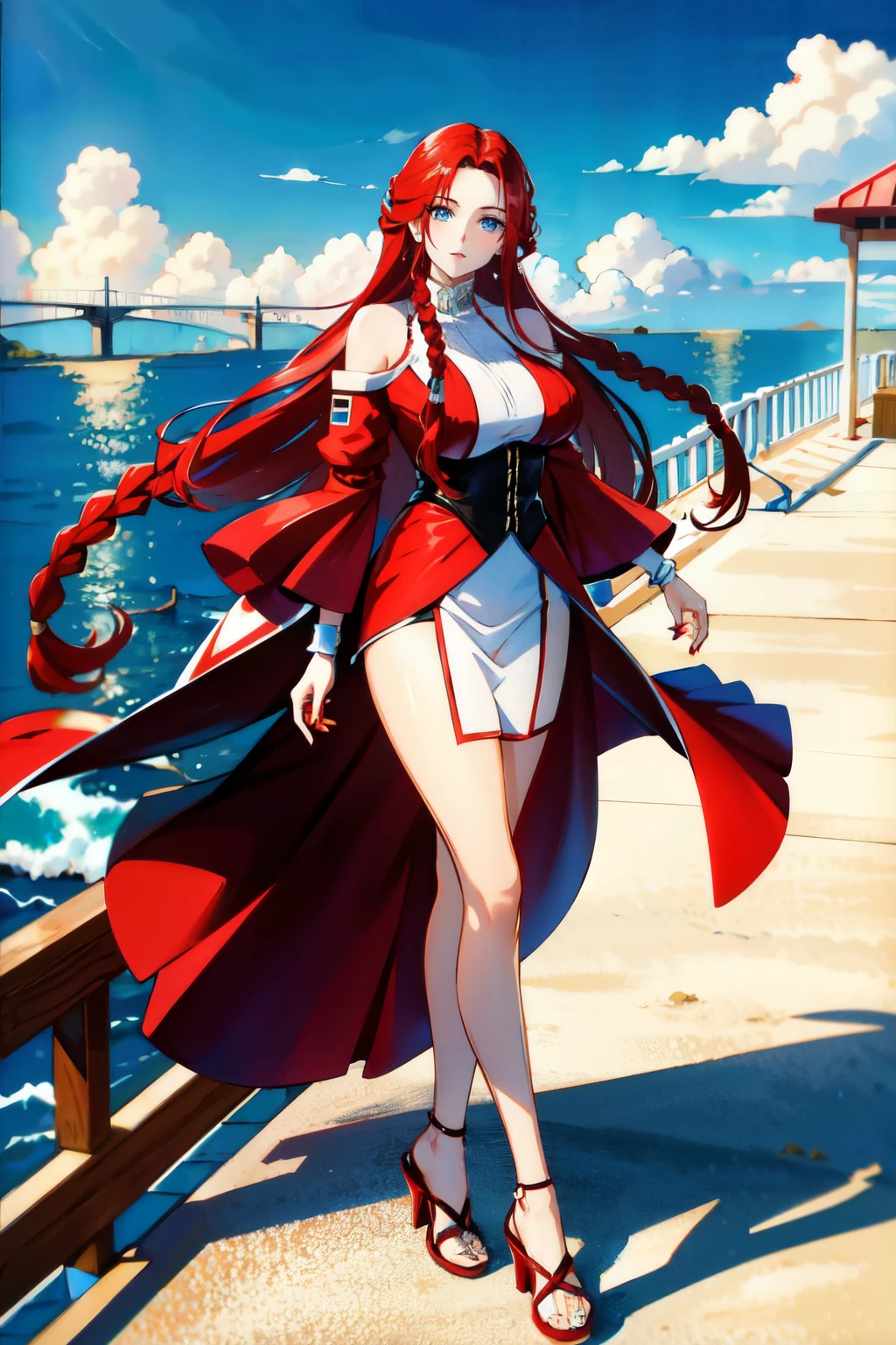 A woman, long red hair, braided hair, perfect body, full body, blue eyes, on top of a building overlooking the sea.