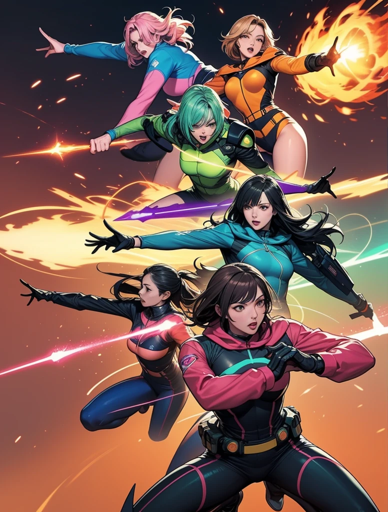 A brave and daring image of the seven-woman Ranger team, Each is decorated with the following vibrant colors:: neon pink, Sky blue, Fire engine red, plasma violet, Fluorescent Green, shocking yellow, Shinning silver. A dynamic pose with a background that oozes energy and courage.。, Embodying the essence of the classic Sentai superhero team. Each Ranger's outfit is sleek and modern, Each color has elements that reflect its theme., Ready for action. ((camel toe))