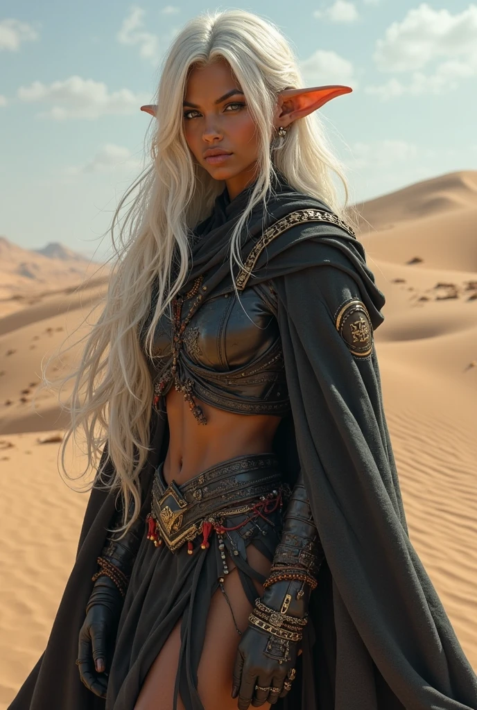 Create a highly detailed and realistic image of an 18-year-old Japanese girl as a desert nomad queen. She should be 180 cm tall, weigh 45 kg, and have a smooth, light complexion. Her straight, long blonde hair is braided into a thick, single braid that falls over her shoulder, with tiny desert flowers woven in. Her graceful, diamond-shaped face has high cheekbones, a small, delicate nose, and full, well-defined lips. Her large, expressive brown eyes feature detailed irises and long eyelashes. Her physique is athletic yet feminine, with big-sized, round breasts. She is dressed in a desert warrior outfit made of leather and chainmail, with a long, flowing cloak that catches the wind. The desert should be depicted with intricate details—fine grains of sand, distant dunes, and a vivid horizon under a clear sky. The image should be ultra-high definition (4k, 8k) with soft, natural lighting to highlight her skin texture, hair shine, facial details, and the desert's texture.