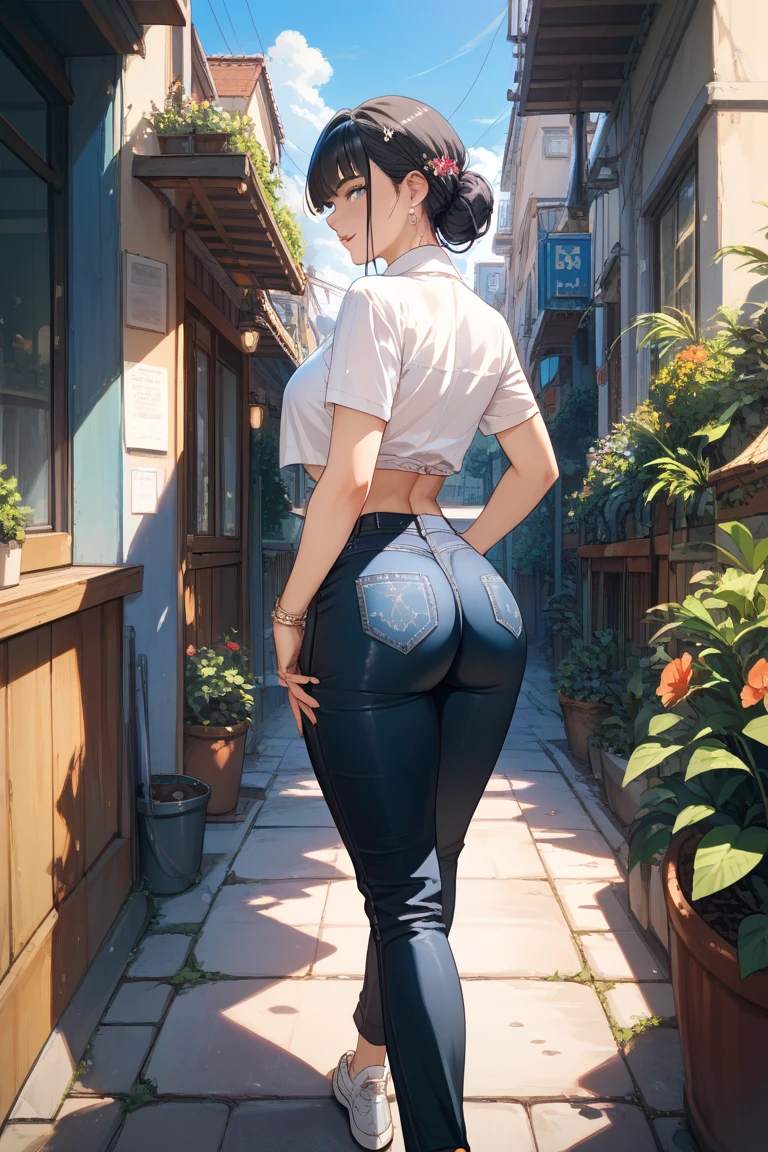 there is a woman in jean shorts posing for a picture, artwork in the style of guweiz, seductive anime girl, character is in her natural pose, beautiful anime girl squatting, guweiz masterpiece, guweiz, photorealistic anime, beautiful alluring, curvy accentuated booty, high heels