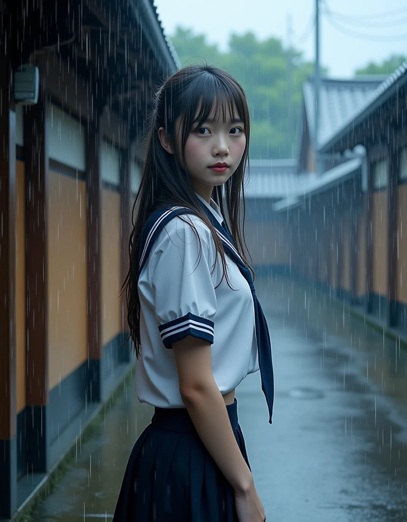 最high quality、high quality、Best image quality、8K、最High resolution、High resolution、最high quality、masterpiece、Detailed and realistic human body、Detailed and realistic skin、Realistic face in every detail、Realistic reproduction of every detail、Detailed and realistic lips、Detailed and realistic teeth、Detailed and realistic ears、Detailed and realistic hair、Detailed and realistic weapons、Realistic reproduction of every detail、Realistic fingers in every detail、(Beautiful Hands、thumb1reference4)、Realistic feet down to the last detail、Realistic breasts down to the last detail、Realistic areola down to the last detail、Realistic nipples down to the last detail、Realistic camel toe detail、((Beautiful Japanese elementary school students))、(Japanese Model)、((Beautiful Japanese Junior High School Students))、((Beautiful 12 year old girl))、(Black Hair)、(Straight hair)、(ponytail)、((whole body))、((Flat Chest、Small breasts))、(Slender body)、(whole body光沢肌、Fair skin)、((dark cold stormy weather))、((Pouring rain))、((heavy rain))、((In the Storm))、((School Playground))、Sailor suit、Sailor Skirt、半袖の光沢のある濃い色のSailor suit、White sailor collar、Navy blue pleated skirt、Red ribbon、White Stockings、((Pouring rainの中(A girl standing in the center of the schoolyard))、((Pouring rainの中で嘆いている少女))、((See-through(クロップトップSailor suit、ミニSailor Skirt))、((performance(sorrow、dark、Lament、Watery eye))、((Pouring rainを浴びて(Soaked skin from head to toe))、((Rain dripping from the skin))、((Her skin is clearly visible through her uniform..))、れのSailor suit(肌にピッタリとフィットしたSailor suit))、((Sailor suitから滴る雨水))