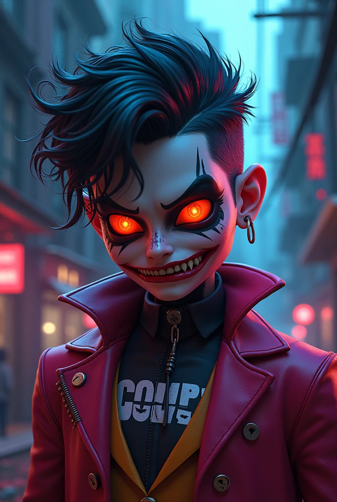 Dark joker man, sorting sharp teeth, red eyes black clothing