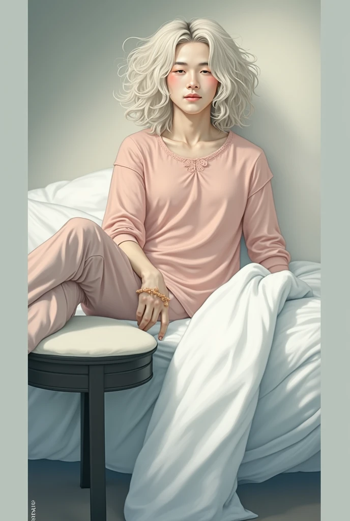 (maximum quality, highres:1.2), 1girl, ((white hair)), <lora:opeLoRAv5.1:1>, baggy pants, oversized clothes, off shoulder, barefoot, (bedhead, messy hair:1.3)