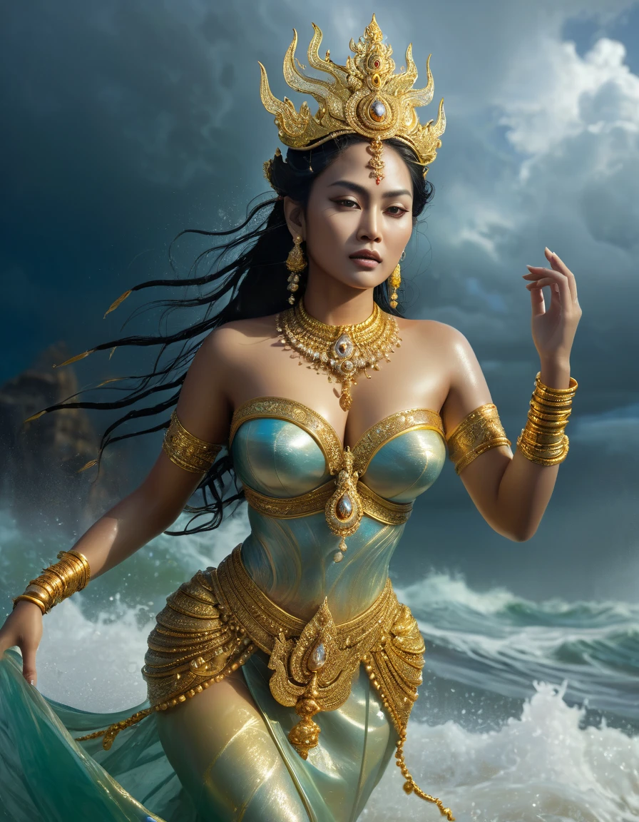 create a realistic close-up photo showing the figure of the queen from Indonesia who came from another dimension appearing in the middle of the blue sea. She is very graceful, beautiful, and recognized. long hair wearing a small crown. Strands of jasmine flowers are woven from behind the ear to the chest, ending with a kantil flower. wearing a green tank top with Javanese carved motifs made from gold sequins. green silk shawl, black belt decorated with carved gold sequin motifs, wearing a batik sarong with small, intricate white and black motifs. Sitting on a chariot carved with two golden circle-shaped dragons, with the left hand positioned in front of the chest and the right hand waving and holding a silk scarf, the horse and chariot run across the water with magic. The background of sea waves, full moon, eerie atmosphere and thunderstorm, full of mysticism. The images presented are super realistic, natural, Concept Art, with super HD/400dpi quality.