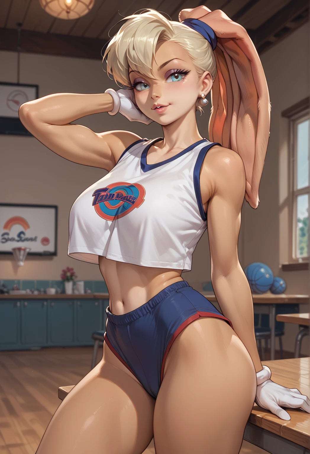 (1 girl, solo), highly detailed, perfect face, athletic, sweaty, sensual pose , orange hair, (sweat: 1.2), (wet), sexy, blushing,masterpiece: 1.2, best quality) , realistic, black panties, taking off her jersey, volleyball outfit, sex, locker room