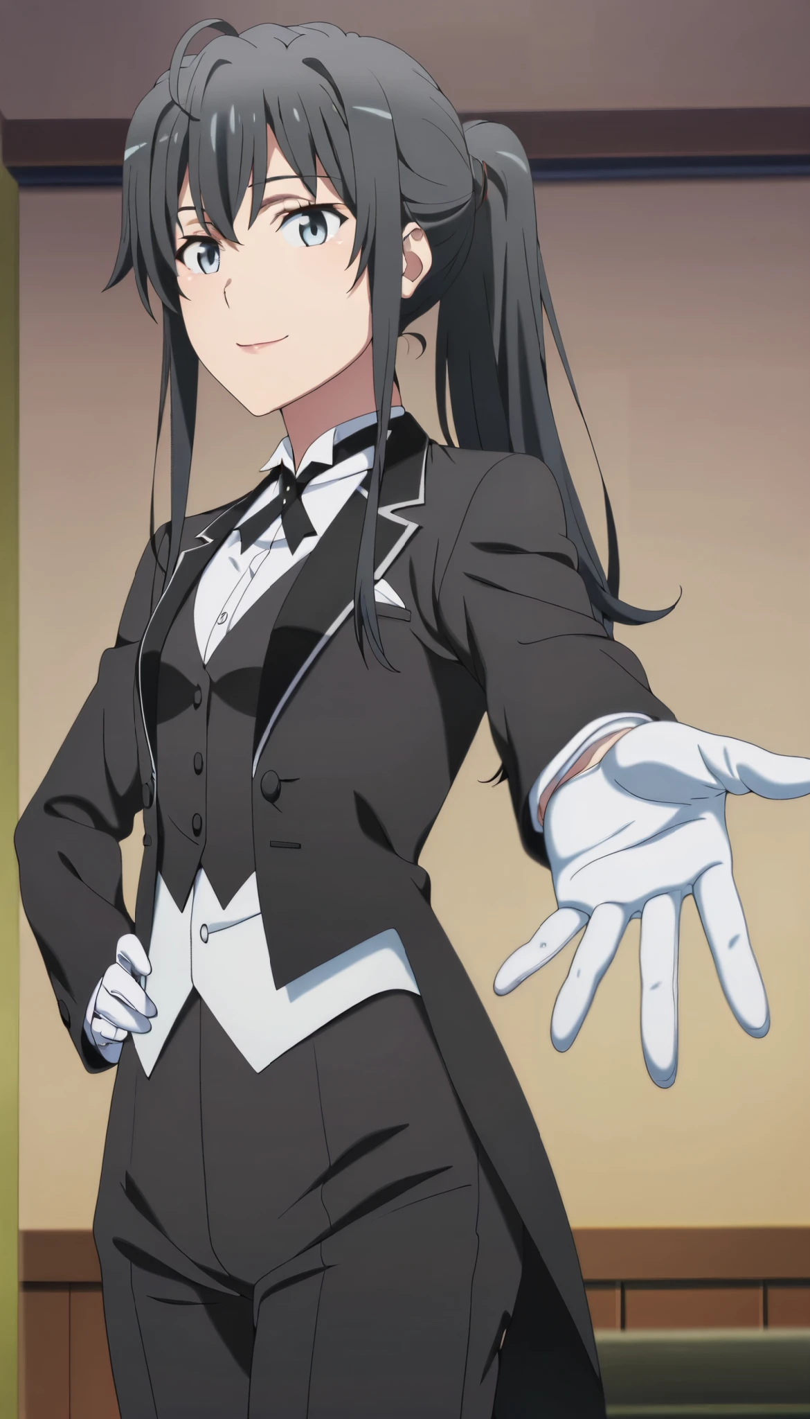 anime screencap, Yukinoshita yukino,
1girl,solo,mm,mature female,hair ponytail,black hair,blue eyes,,anime coloring, tuxedo tailcoat, butler, hand on hip, she's looking at the camera with a calm smile,,looking at viewer, indoors,smile,, gloves ,masterpiece,best quality,amazing quality, reaching at viewer
