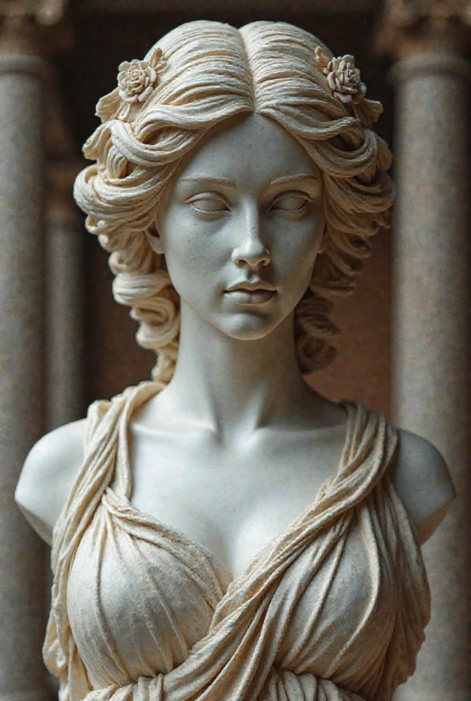 Medusa, hair composed of pink snakes, reddish white eyes, ultra-detailed sea surface, skulls in the reflection of her eyes, background of white stone statues of muscular and mature men, expression of anger and hatred, symbol of the feminine in the center, well-structured female body, golden jewels all over her body