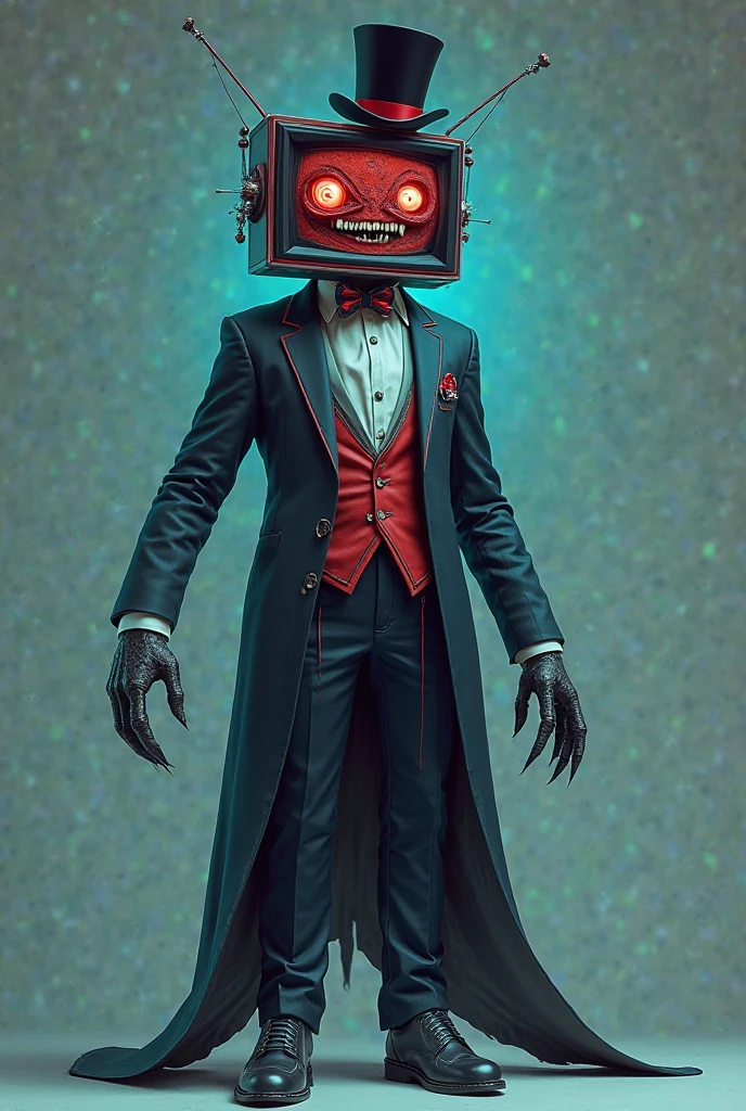 puppet like puppet with white face orange eyes a smile black suit with red bow and white buttons no teeth