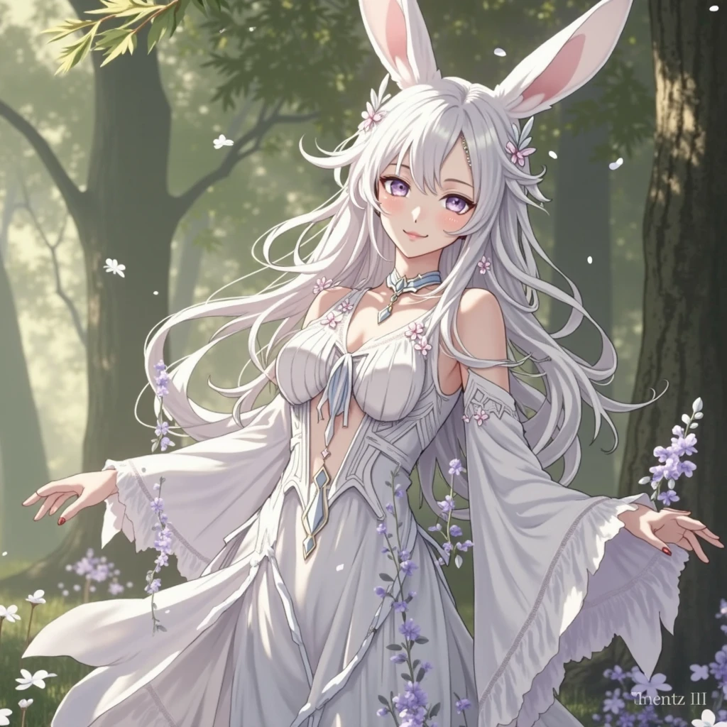 masterpiece, best quality, very aesthetic, absurdres, 1girl, mature_lady, holding 2 big white rabbits, rabbits on breasts, upper body,,honma_meiko, ano_hi_mita_hana_no_namae_wo_bokutachi_wa_mada_shiranai, 1girl, blue_eyes, long_hair, white_hair, bare_arms, bare_legs, barefoot, flat_chest, neck_ribbon, ribbon, sidelocks, star_(symbol), dress, white_dress,in park,floating_hair