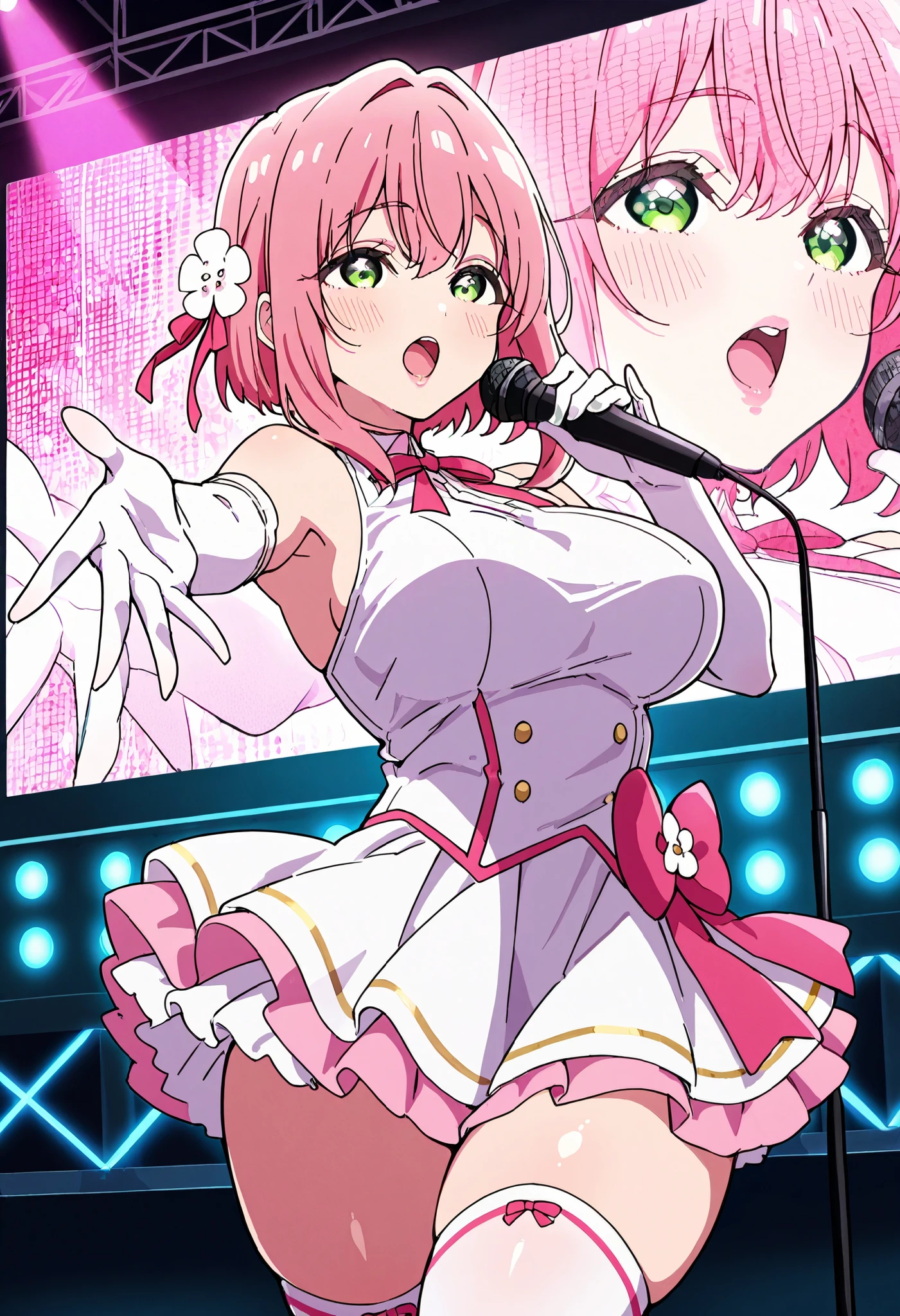 Score_9, score_8_up, score_7_up, source_anime, Hakari Hanazono, solo, pink hair, green eyes, hair ornament, hair flower, short hair, large breasts, thick thighs, (best quality), (high quality), {masterpiece}, extremely delicate and beautiful, ultra-detailed, beautiful detailed eyes, idol, idol costume, pink and white dress, white elbow gloves, white thighhighs, holding microphone, on stage, screen, multi colored light, dynamic pose, singing, pink lips, open mouth