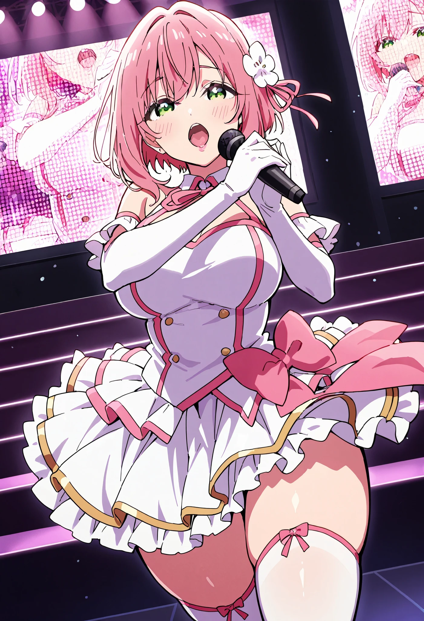 Score_9, score_8_up, score_7_up, source_anime, Hakari Hanazono, solo, pink hair, green eyes, hair ornament, hair flower, short hair, large breasts, thick thighs, (best quality), (high quality), {masterpiece}, extremely delicate and beautiful, ultra-detailed, beautiful detailed eyes, idol, idol costume, pink and white dress, white elbow gloves, white thighhighs, holding microphone, on stage, screen, multi colored light, dynamic pose, singing, pink lips, open mouth