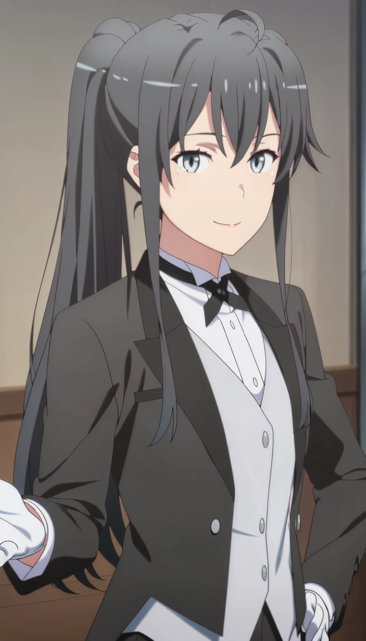 anime screencap, Yukinoshita yukino,
1girl,solo,mm,mature female,hair ponytail,black hair,blue eyes,,anime coloring, tuxedo tailcoat, butler, hand on hip, she's looking at the camera with a calm smile,,looking at viewer, indoors,smile,, gloves ,masterpiece,best quality,amazing quality, reaching at viewer