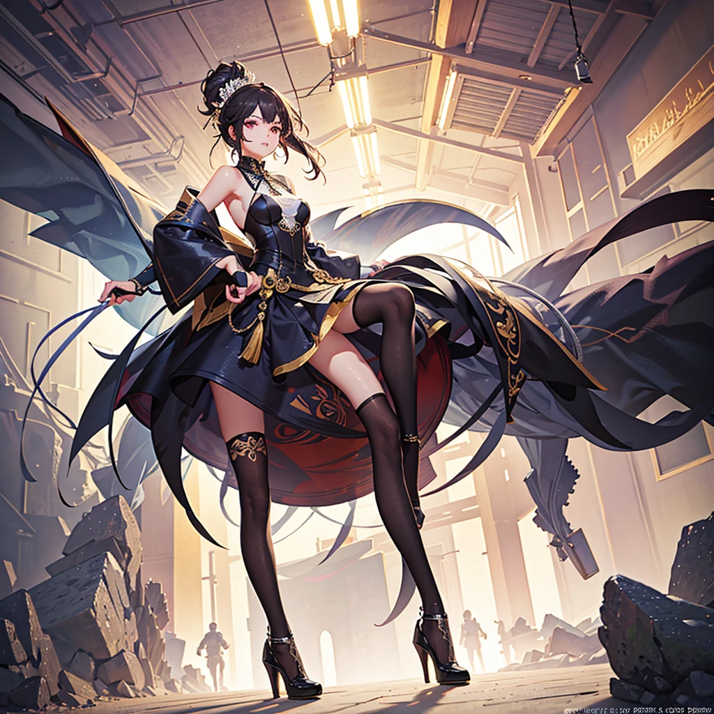 1girl, delicate facial features, gloves, lips, masterpiece, sexy, floating short blue hair, blue sailor collar, bow, (over-the-knee boots: 1.1), white gloves, elbow gloves, jewelry, earrings, blue mini split miniskirt, sole, full body, brown wavy hair --auto