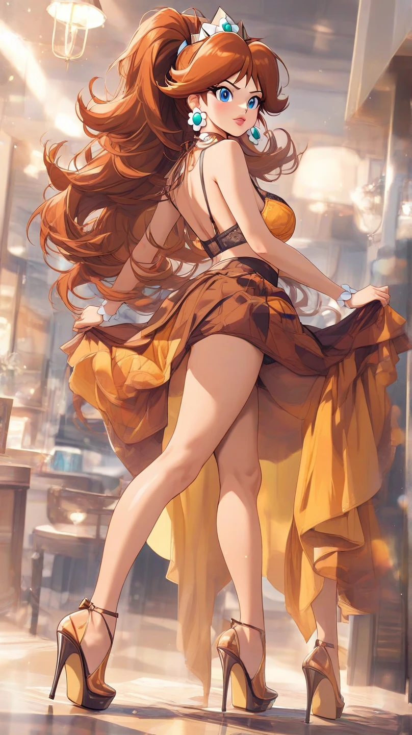girl, red hair, yellow dress, blue panties, emma stone face, hands up, black dress, pink panties, brown hair, transparent panties, upskirt, from below, angry eyes, open mouth, look at camera, in street