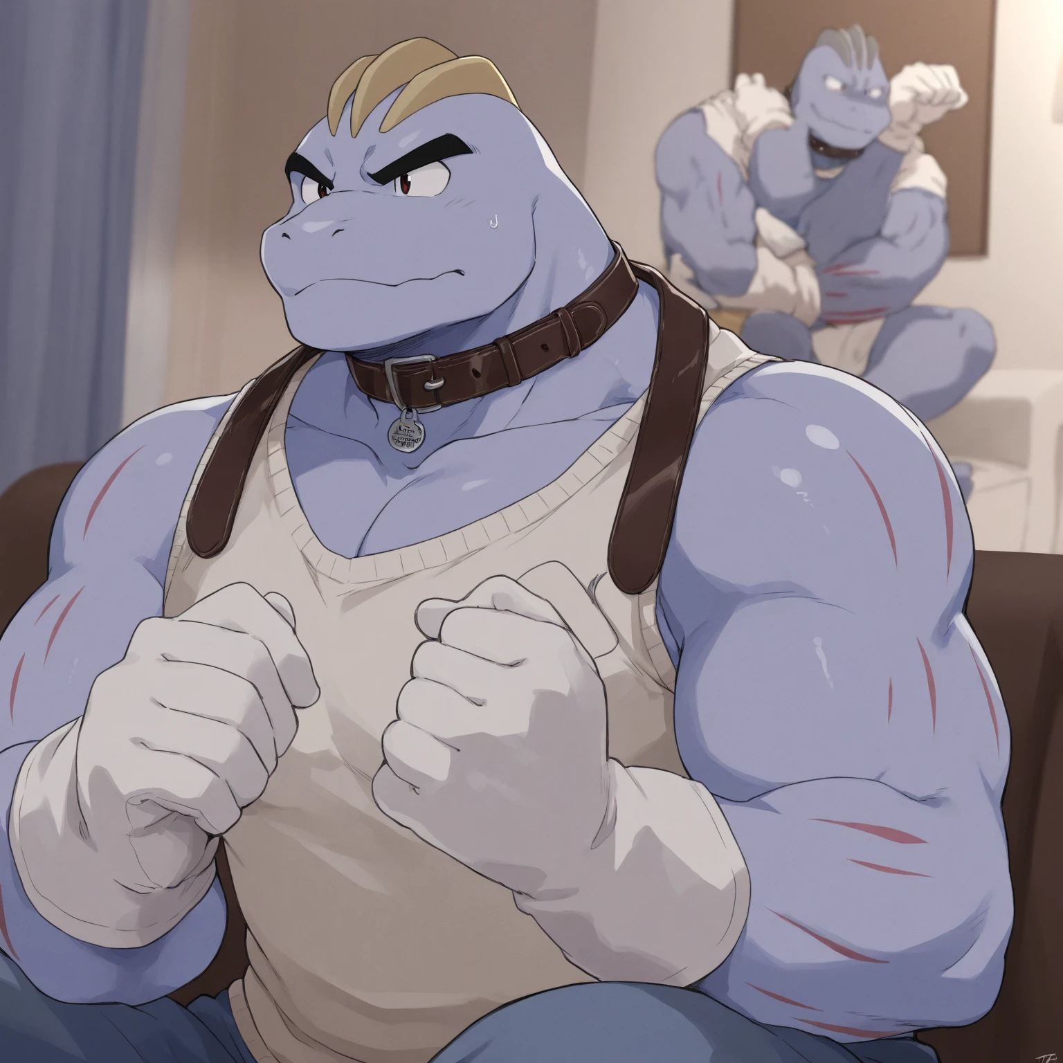 Machoke (Pokemon), Male machoke, spreading legs, massive crotch bulge, grabbing crotch, squeezing crotch, blue spandex pants.