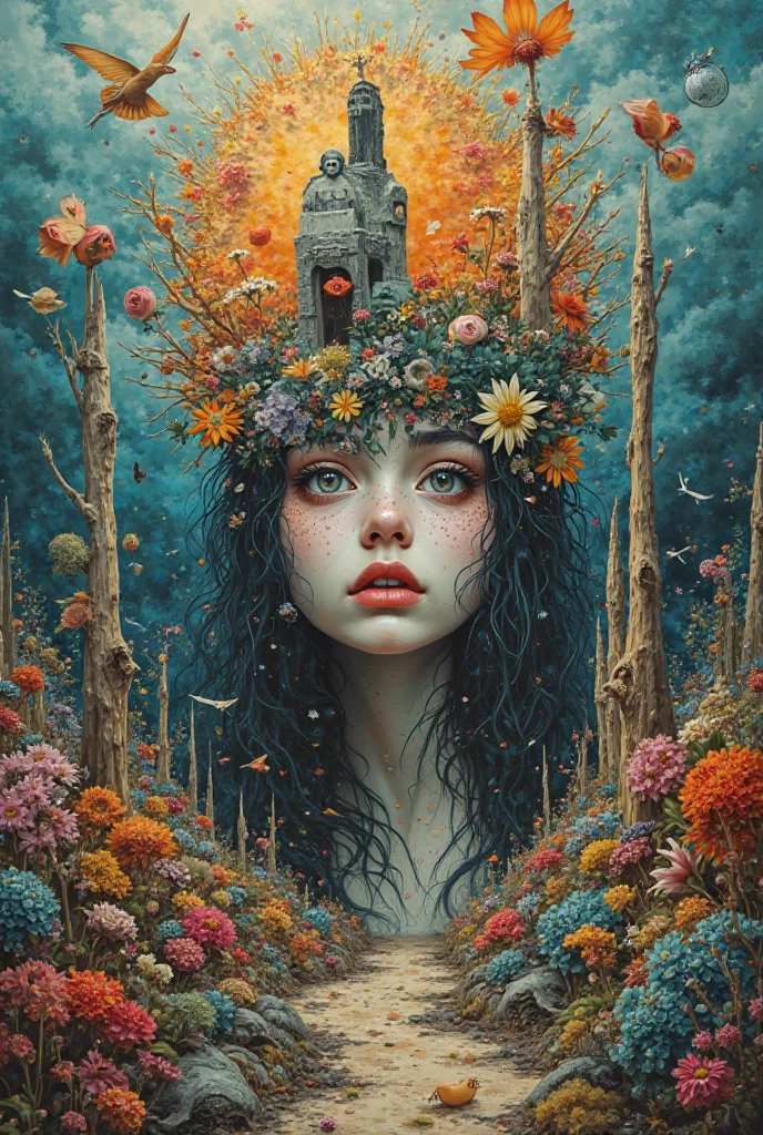 (best quality, Masterpiece:1,1)a double exposure of a woman in front of image, sunset, inspired((style by Johfra-Bosschart)), (surrealism oil painting), Detailed illustration, very colorful, grotesque, Intricate details, tempering, (aesthetics), excitement, hyper-realistic, insanely detailed