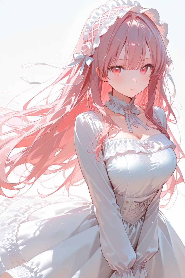 masterpiece, best quality, no background, white background, Busuldress, hight resolution, ultra-detailliert, (1girl in:1.3), Beautiful detailed eyes, High contrast, Bold highlights, Warm tones, Soft shadows, Standing, Wide Shot, Barefoot, Slender body, Big breasts, Purple eyes, Dorothy, Dress, arms up, from below, cowboy shot