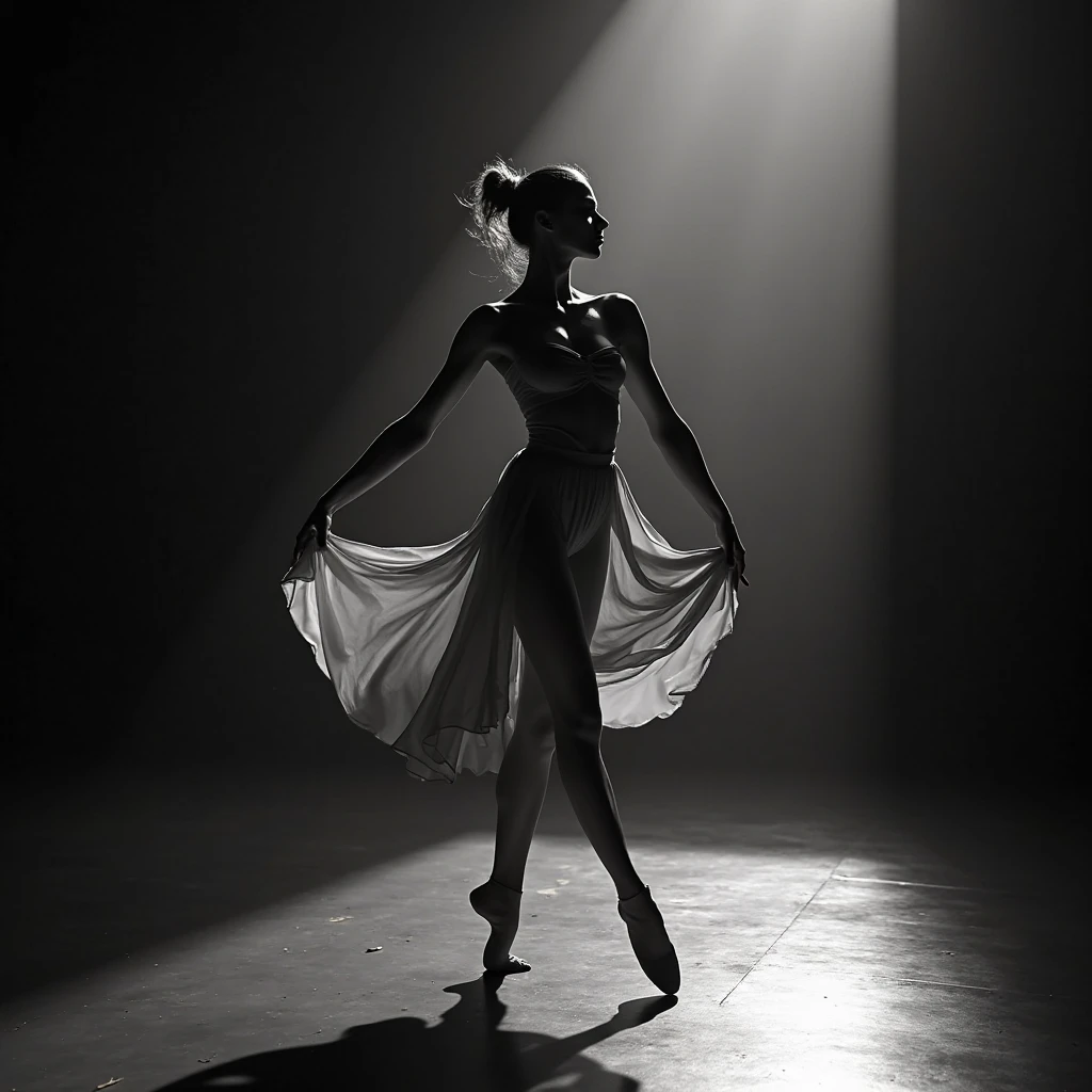 "Inspired by the song 'La Dernière Danse' by French singer-songwriter Indila, this image depicts a solitary figure performing the 'last dance' in a dimly lit, atmospheric setting. The dancer, bathed in a pool of soft, ethereal light, moves with graceful fluidity, their movements conveying a sense of melancholy and longing. The background is shrouded in shadow, adding to the sense of intimacy and introspection. The art style draws inspiration from the works of Edgar Degas and his portrayal of ballet dancers, with a focus on capturing the beauty and emotion of movement. The camera angle is a close-up shot, emphasizing the expressive gestures and facial expressions of the dancer. The image should be rendered with a soft, painterly texture, evoking the mood and emotion of the music. Lighting should be subtle yet evocative, enhancing the atmosphere of the scene."