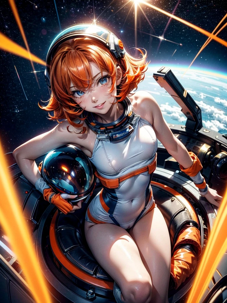 sunsethuman, female, two tones of hair, red and yellow hair, space helmet, smiling, bikini, floating in space