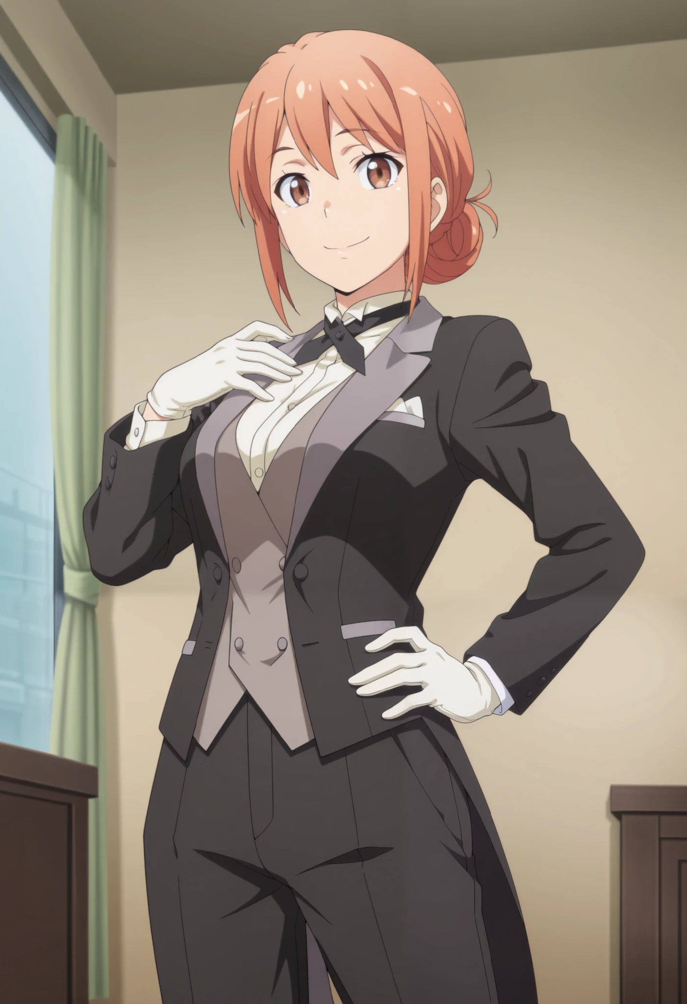 1girl,solo,mm,mature female,hair bun,orange hair,brown eyes,anime anime coloring, tuxedo tailcoat, butler, pants ,hand on hip, woman in a formal suit,she's looking at the camera with a calm smile,,, indoors,smile,, gloves ,masterpiece,best quality,amazing quality, ,,reaching at viewer,,,,,, looking at viewer, smile,indoors
,masterpiece,best quality,amazing quality,