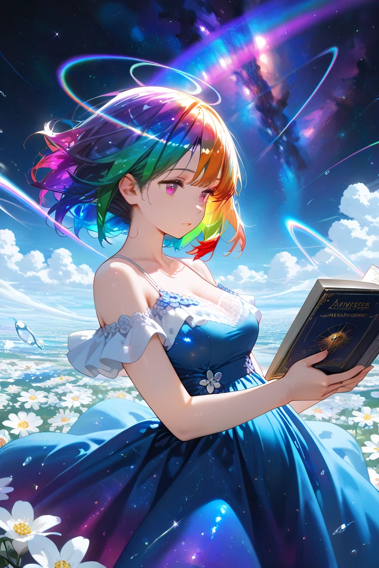 (Highest quality, masterpiece), One girl, Reading a book, particle, Wind, flower, Upper Body, Simple Background, View your viewers, Rainbow Hair, Teal short floating dress, universe, nebula, Milky Way