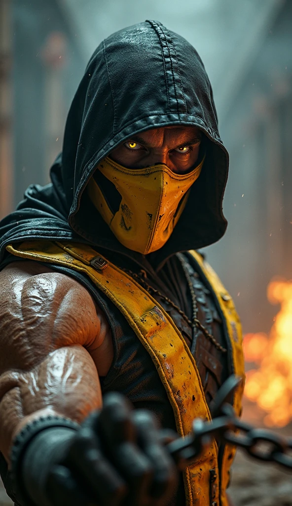 Hyper Focus Portrait, scorpion (mortal kombat) classic character costume without mask, eye white, realisitic, a very muscular body in the renatosphere, epic 3D realism, swollen muscles, large fists, best in wlop, kan liu, daz3d, trends in CGsociety, estilo realisitic hiperdetalhado, completo cosplay, by Ric Nagualero, album, hyung tae kim, 8k, irreal engine 5, film composition, retratos realisitics hiperdetalhados, 3D game art, CG Society, Fantasyart, hd art of season, estética realisitic, cinematic lighting, border light, smooth light, border light de filme, fine glow, ultradetailed, 8k, uso realisitic de luz e cor, cinematic light, rendered in cinema4d 500–1000 AD -- ar 3:4- Niji 6