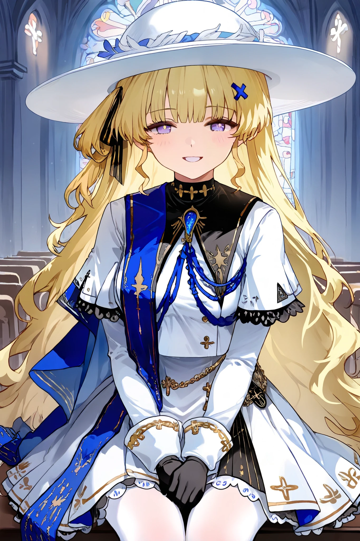 1girl ,Phoebe \(wuthering waves\),Alone,medium breasts,white headwear,white dress,black gloves,long sleeves,x hair ornament,white pantyhose,high image quality during sick leave,Detailed picture,viewers,smiles,church,Sit in a church chair,