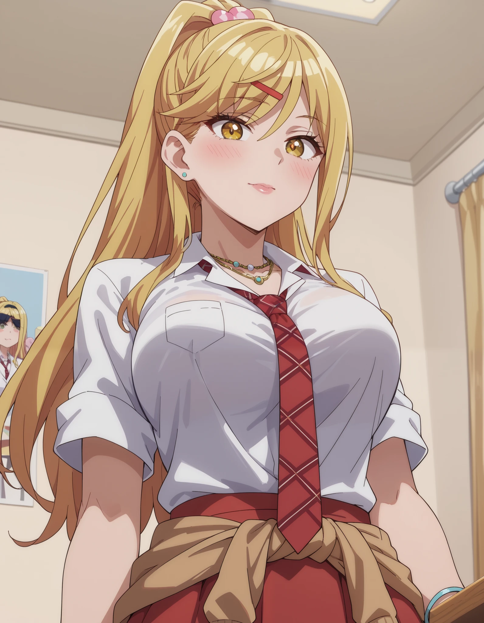 score_9, score_8_up, score_7_up, source_anime, himari ishikura, long hair, bangs, blonde hair, large breasts, hair ornament, yellow eyes, ponytail, hairclip, high ponytail, large breasts, anime screencap, skirt, shirt, jewelry, school uniform, white shirt, necktie, collared shirt, necklace, bracelet, red skirt, red necktie, clothes around waist, gyaru, clubroom, posters, meeting table, decorations, student council, , hands on stomach, blush,, looking at viewer,cowboy shot, solo
,solo, from below, white background, looking at viewer, simple background, looking down, upper body,bright pupils, breast focus:1.8,close-up, shaded face,

