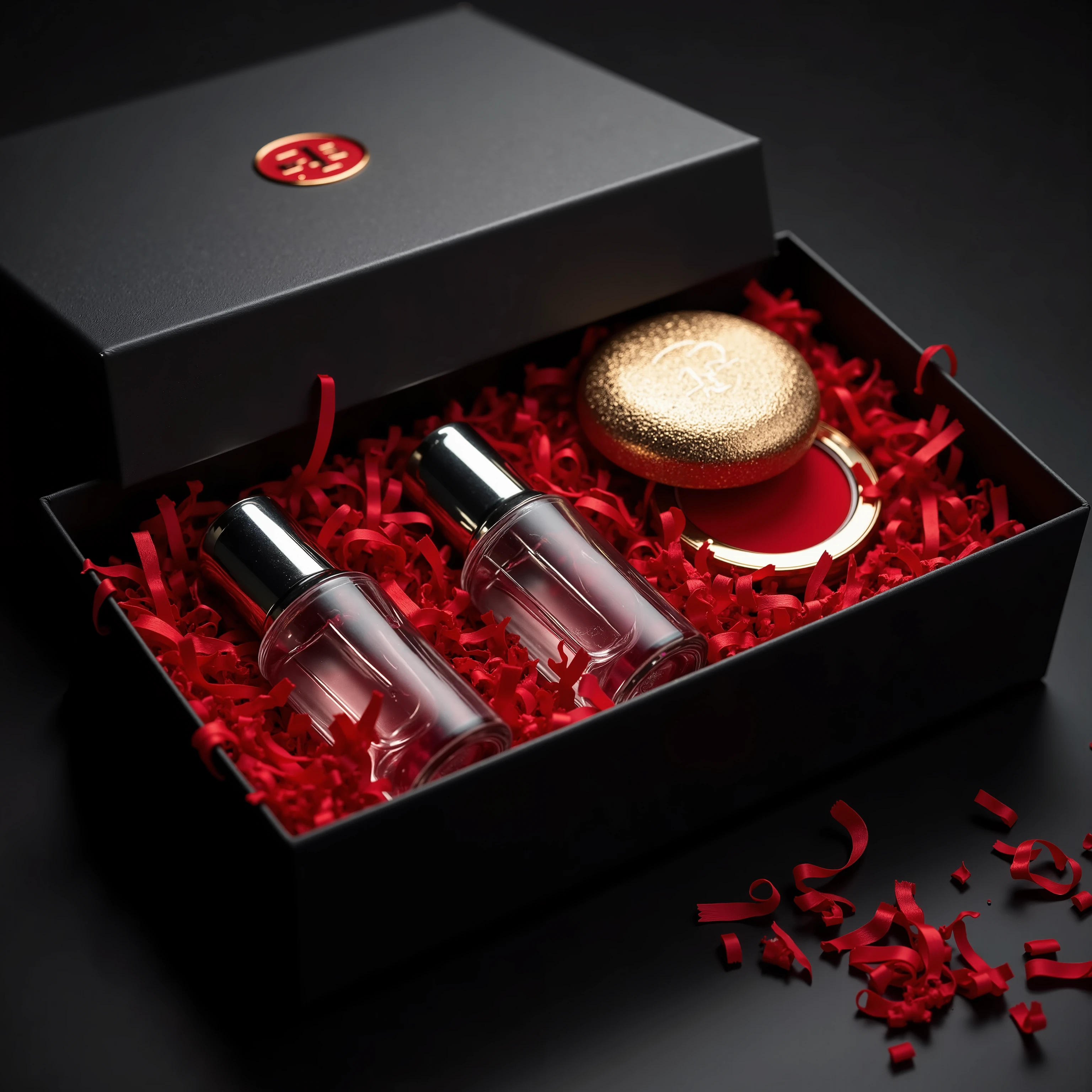 A luxurious black gift box with a metallic red logo is elegantly positioned with its lid slightly open, revealing premium cosmetic products nestled in vibrant red shredded paper filler. Inside, two sleek transparent bottles shimmer under the soft lighting, their glass surfaces reflecting delicate highlights. A compact powder case with a velvety matte finish and shimmering gold texture adds a sophisticated touch. The contrast between the deep black box and the bold red elements creates a striking visual impact. The scene is enhanced with Glazing and Airbrushing techniques to refine textures, while Bloom Effect and Rim Lighting add a polished, high-end glow. This ultra-detailed rendering captures the essence of luxury product photography, creating a stunning, high-resolution masterpiece.
