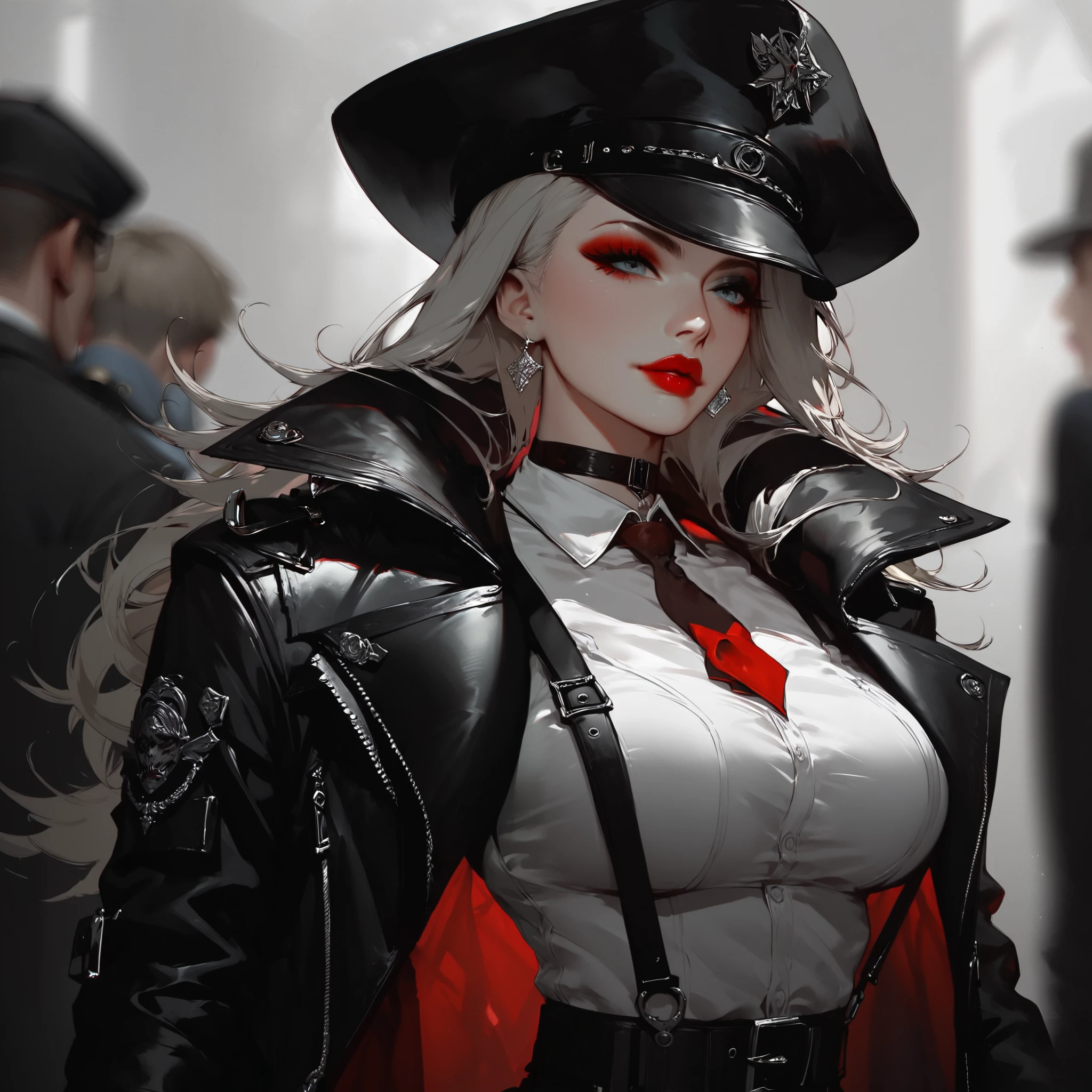 HDR, very detailed, Extra resolution, Masterpiece. 8k hd, a woman wearing a black gothic style military uniform, black military hat with gold details, iron cross symbol on the military hat, hips up, big breasts, 18 year old woman, beautiful face, Special face details, realistic, Red lips, black outfit, white coat, red hair, high ponytail, in the city, intense stare, strong emotions, elegant gesture, flowing dress, Detailed facial features, Long eyelashes, contrast, great details, Incredible atmosphere, Gothic style, black and white plate, Fascinating setting, Haunting beauty,