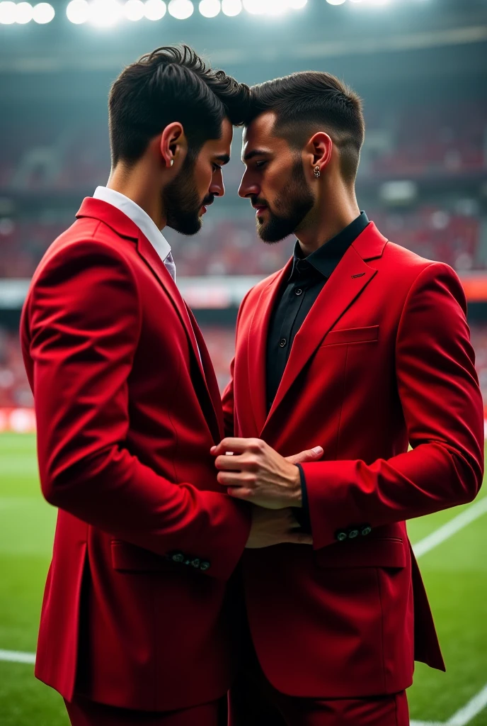 Two handsome teenagers boys with athletic bodies were standing in a hall, they were wearing full suits, they were aroused by each other, they were kissing passionately,Their penises were fully erect inside their pants due to sexy passion