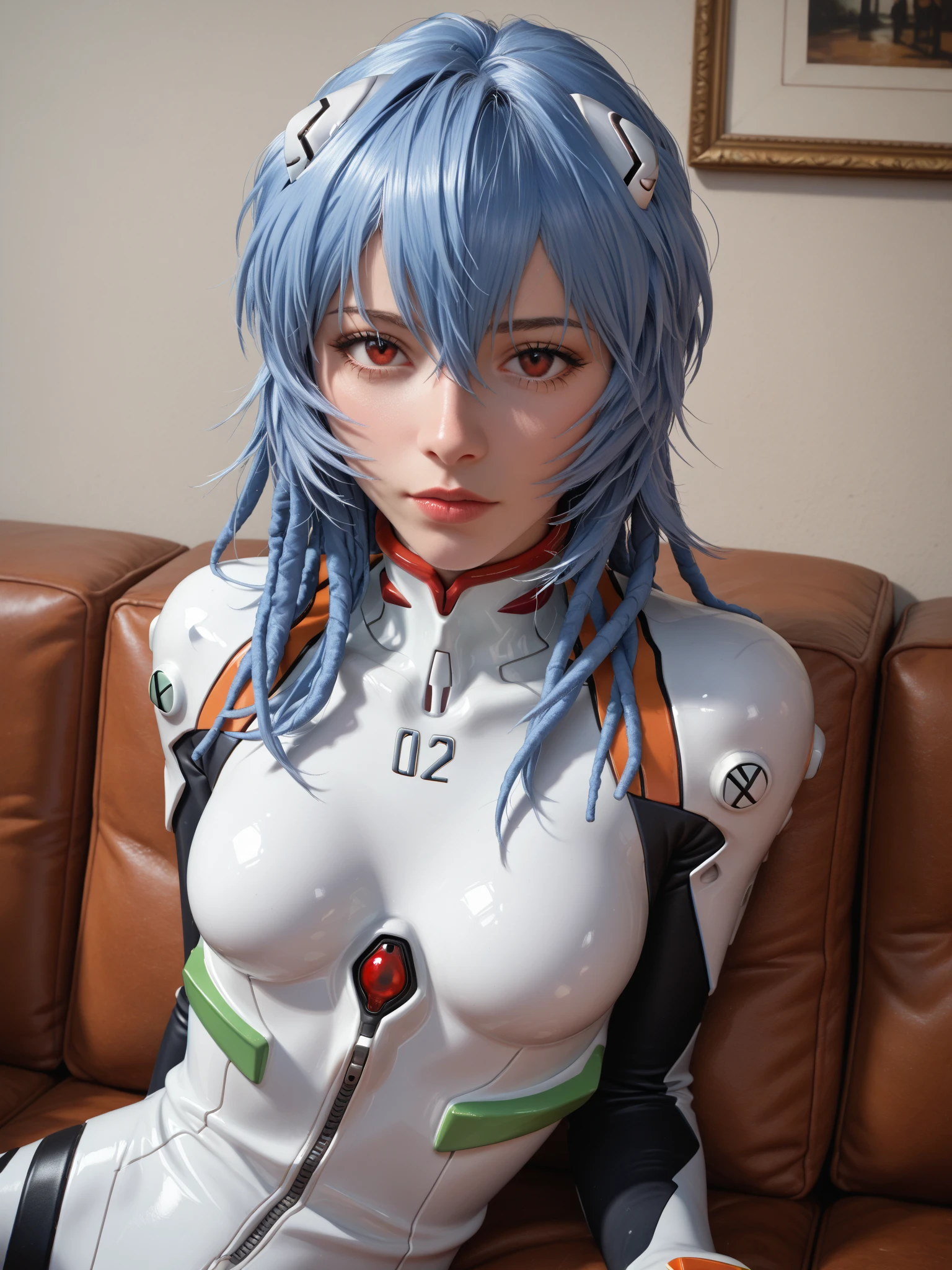 (masterpiece, Highest quality:1.3), (Super detailed:1.4),(Super detailed顔:1.2),(Super detailed目:1.2), (hyperRealistic:1.3), (RAW Photos:1.2), High-definition RAW color photos, Professional photos, (PhotoRealistic:1.4), (Realistic:1.4),8k,Professional Lighting, Perfect Anatomy, BREAK,(Big Breasts:1.4),(blush:1.2),(Bright smile:1.3),detail, Sharp focus, dramatic,dutch angle,(Sexy gravure pose:1.2), Rei Ayanami, Blue Hair, short hair, Red eyes, headgear, Plug Suit, White bodysuit,