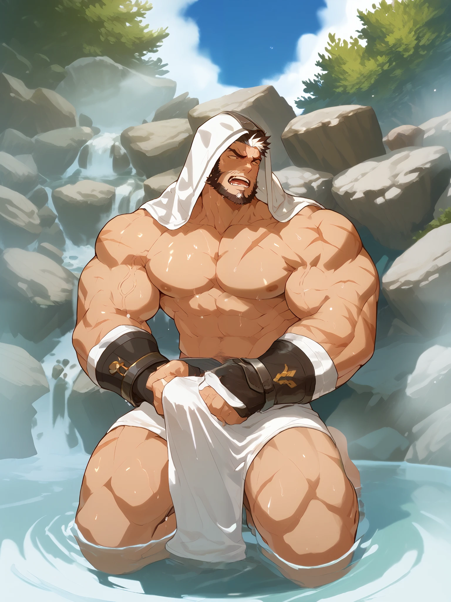 Score_9, Score_8_up, Score_7_up, highly detailed, fine details, boy, mature male,  short hair, multicolored hair, white streak, Gloves, Topless , scar,  biceps , beard, No clothes,  manhood ,  Hot Springs，Kneeling，penis,cumshot,defeat,Porn,moan,